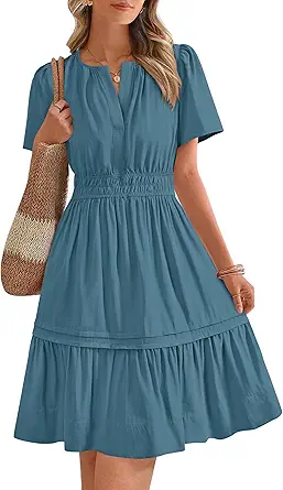 BTFBM Women's Casual Dresses 2025 Summer Spring V Neck Short Sleeve Sundress Smocked Waist A Line Tiered Mini Dress