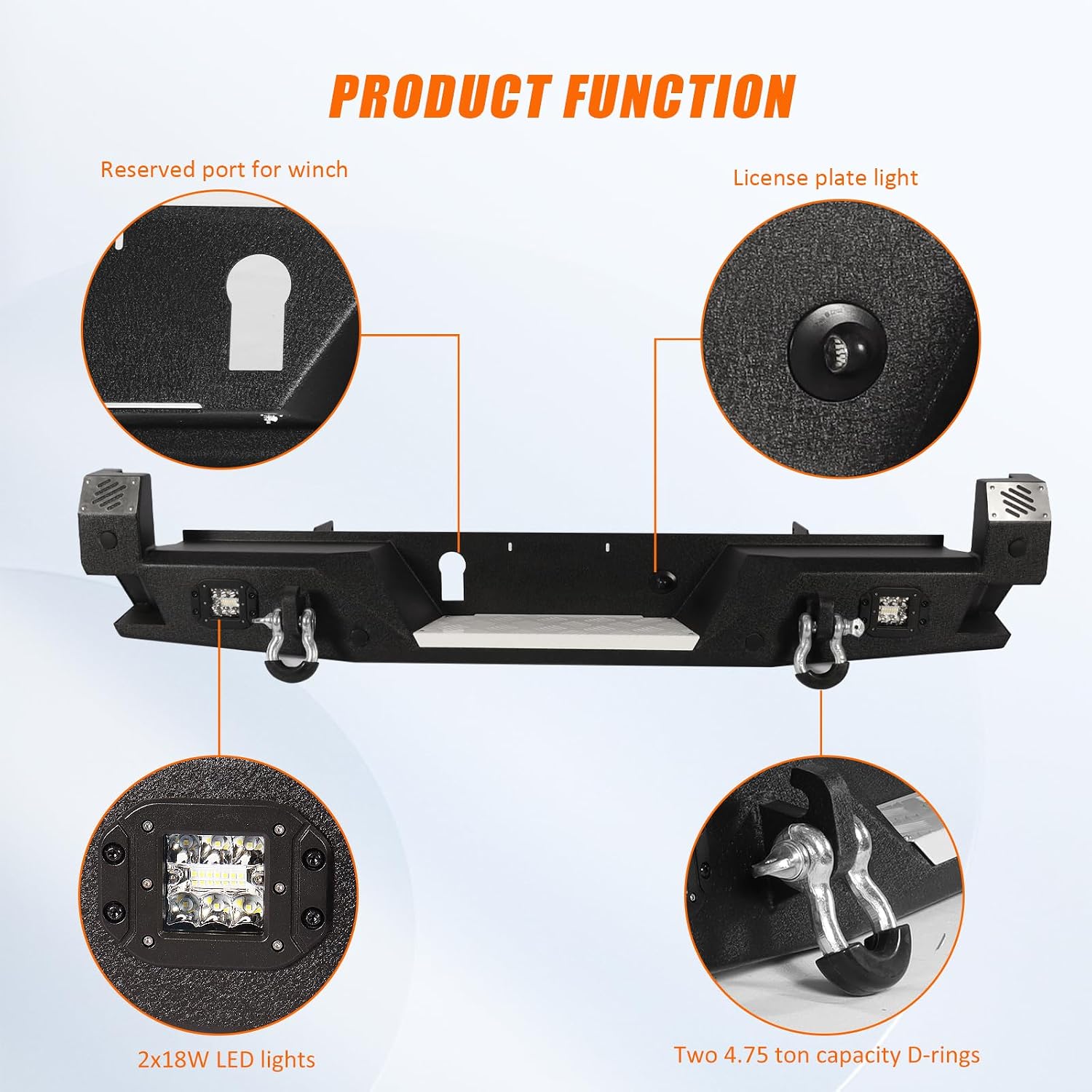 Off-Road Rear Bumper Compatible with 2016-2023 Toyota Tacoma 3rd Gen, Heavy Duty Full Width Pickup Truck Rear Step Bumper with 2 x 39W LED Lights, Sensor Holes,2 x D-rings,Black