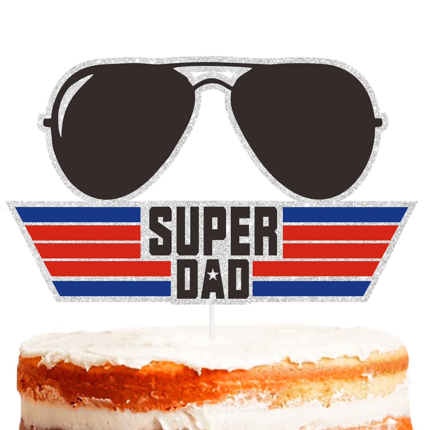 Sunglasses Aircraft Cake Topper Pick for Aviation Fighter Super Dad Theme Decorations Men Boys Happy Birthday Father's Day Party Decor Supplies Blue Black Glitter