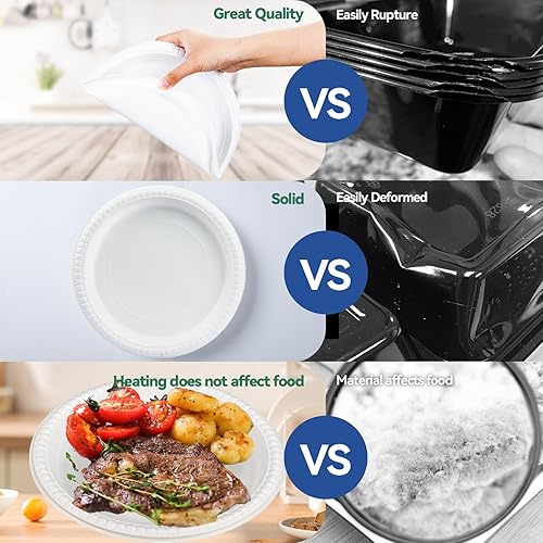 Miniatura 4 de EKOSAVOR Platos de plástico blanco, paquete de 150 platos llanos de 10 pulgadas, platos de fiesta resistentes y fáciles de servir, aptos para