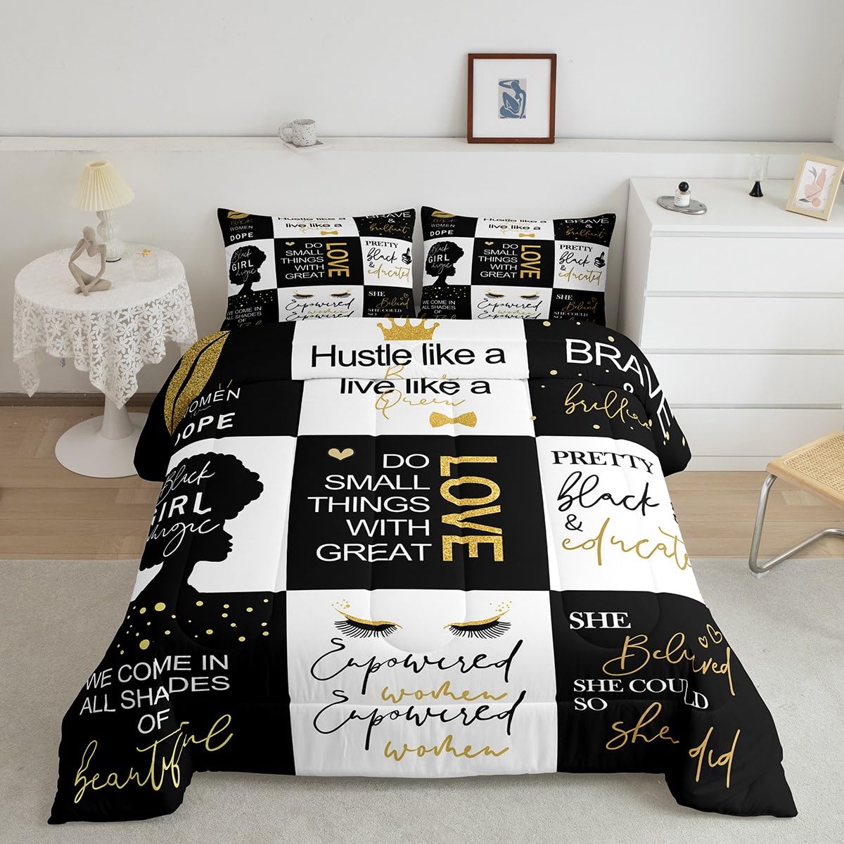 Feelyou Black Woman Comforter Set Luxury Black Golden Queen Bedding Set for Girls Women Buffalo Plaid African Woman Decor Comforter Brave Girls