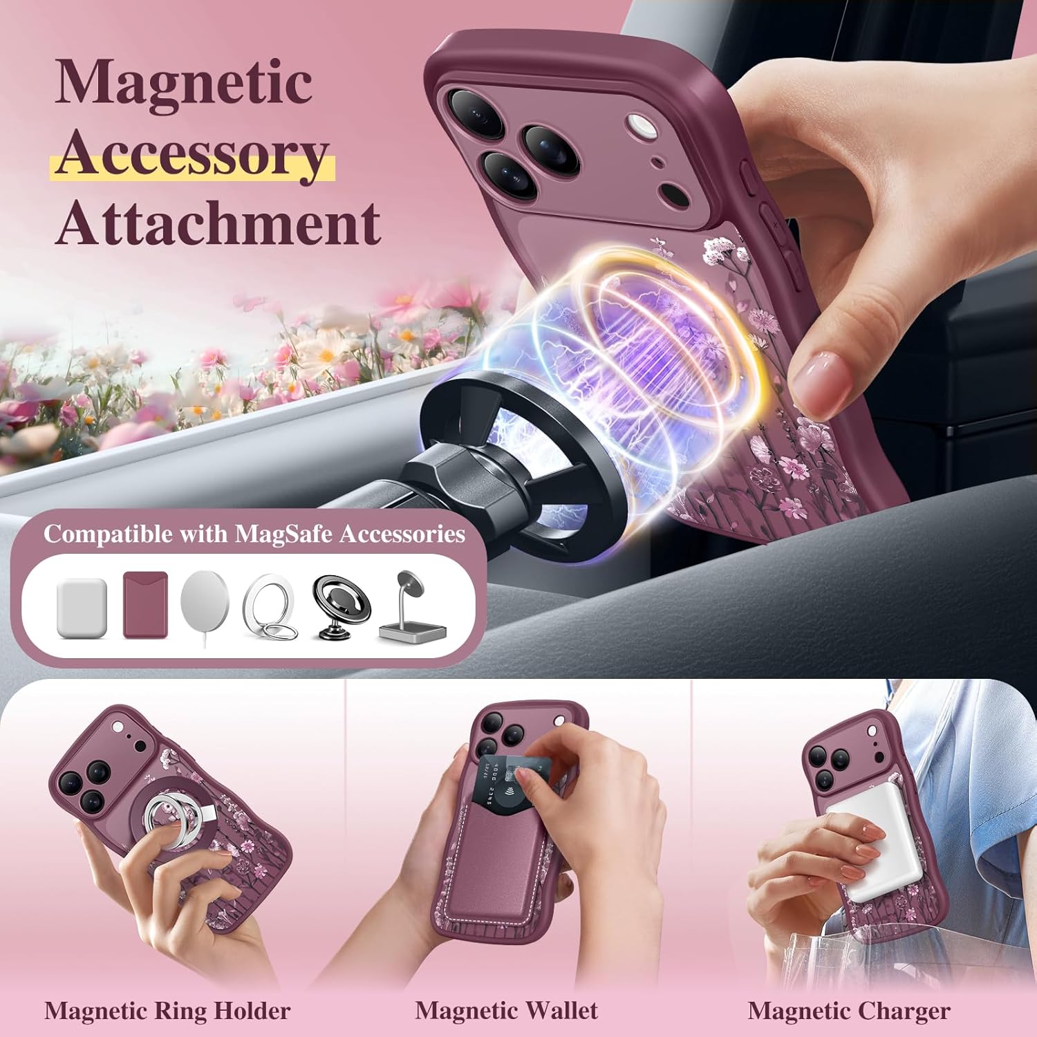 GVIEWIN for iPhone 17 Pro Max Case Compatible with MagSafe [Curly Wave Edge][Full Camera Protection] Floral Translucent Shockproof Magnetic Women Phone Case for 17 Pro Max, Floratopia/Burgundy