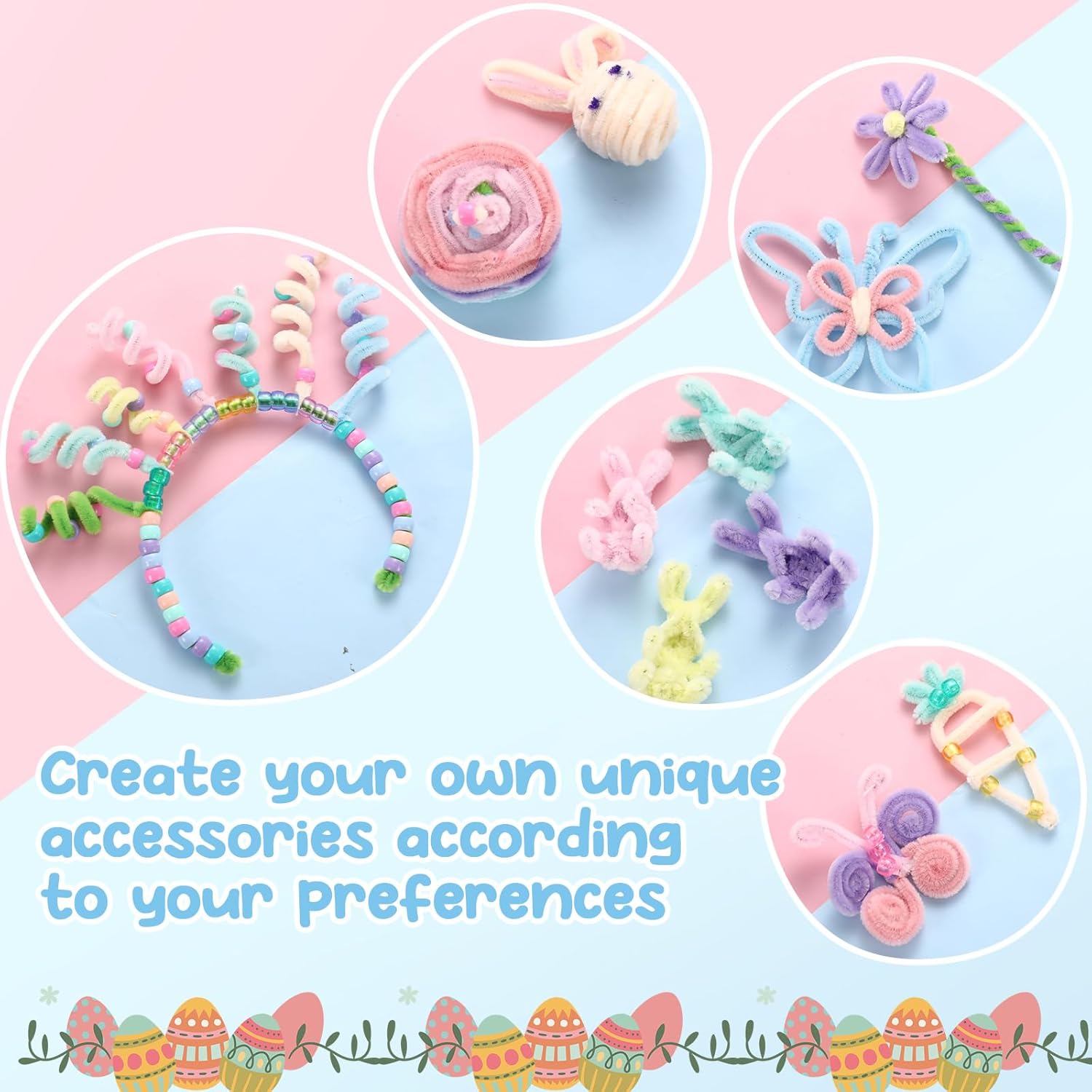 Daifunli 1200 Pcs Candy Pastel Color Pony Beads Bulk with 120 Pcs 12 Inch Multi Colored Pipe Cleaners Chenille Stems Fuzzy Sticks Seed Beads for Hair Bracelets Jewelry Making Easter Decorations