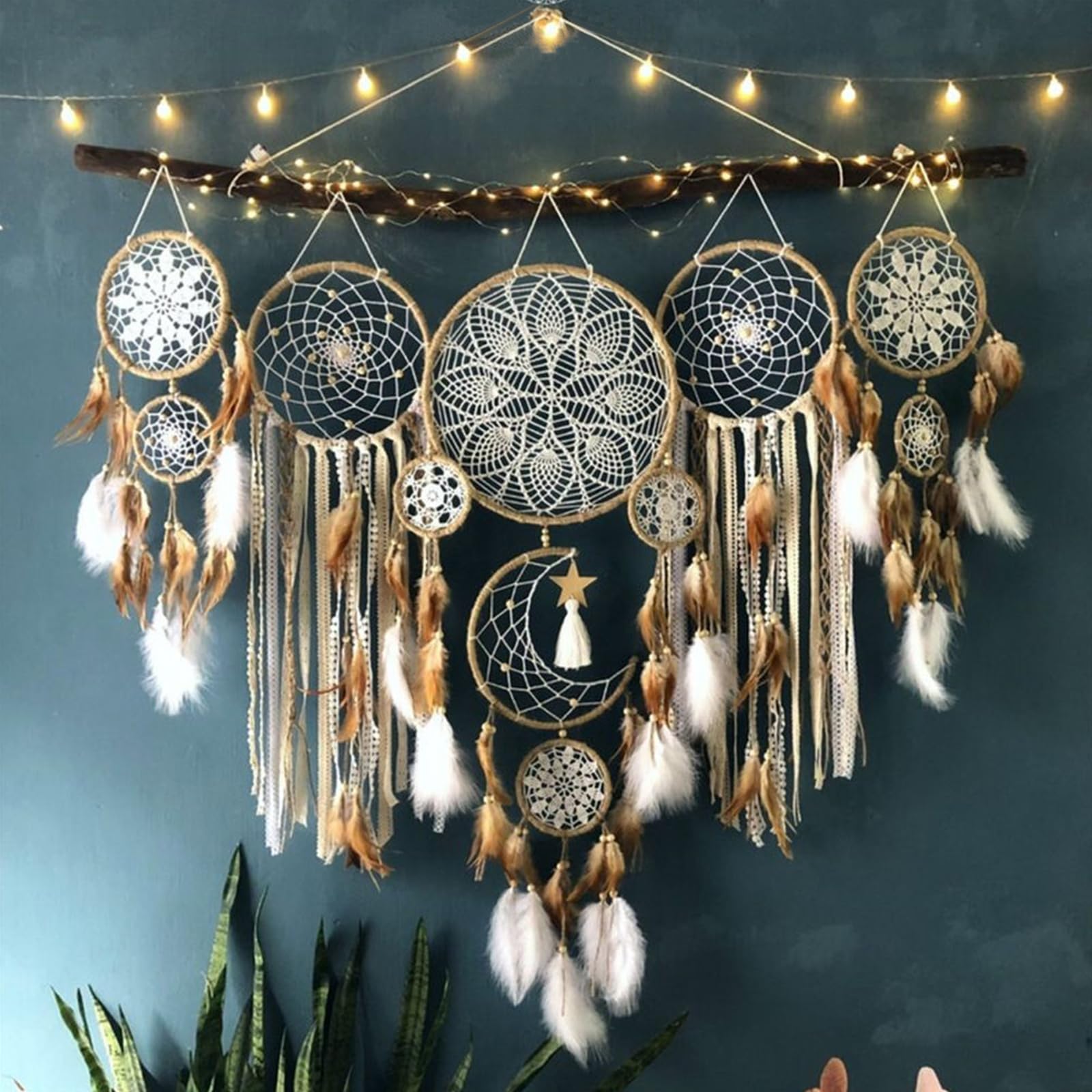 Juego de atrapasueños para colgar en la pared, diseño de luna y sol, plumas hechas a mano, decoración bohemia de habitación, marrón, 5 piezas