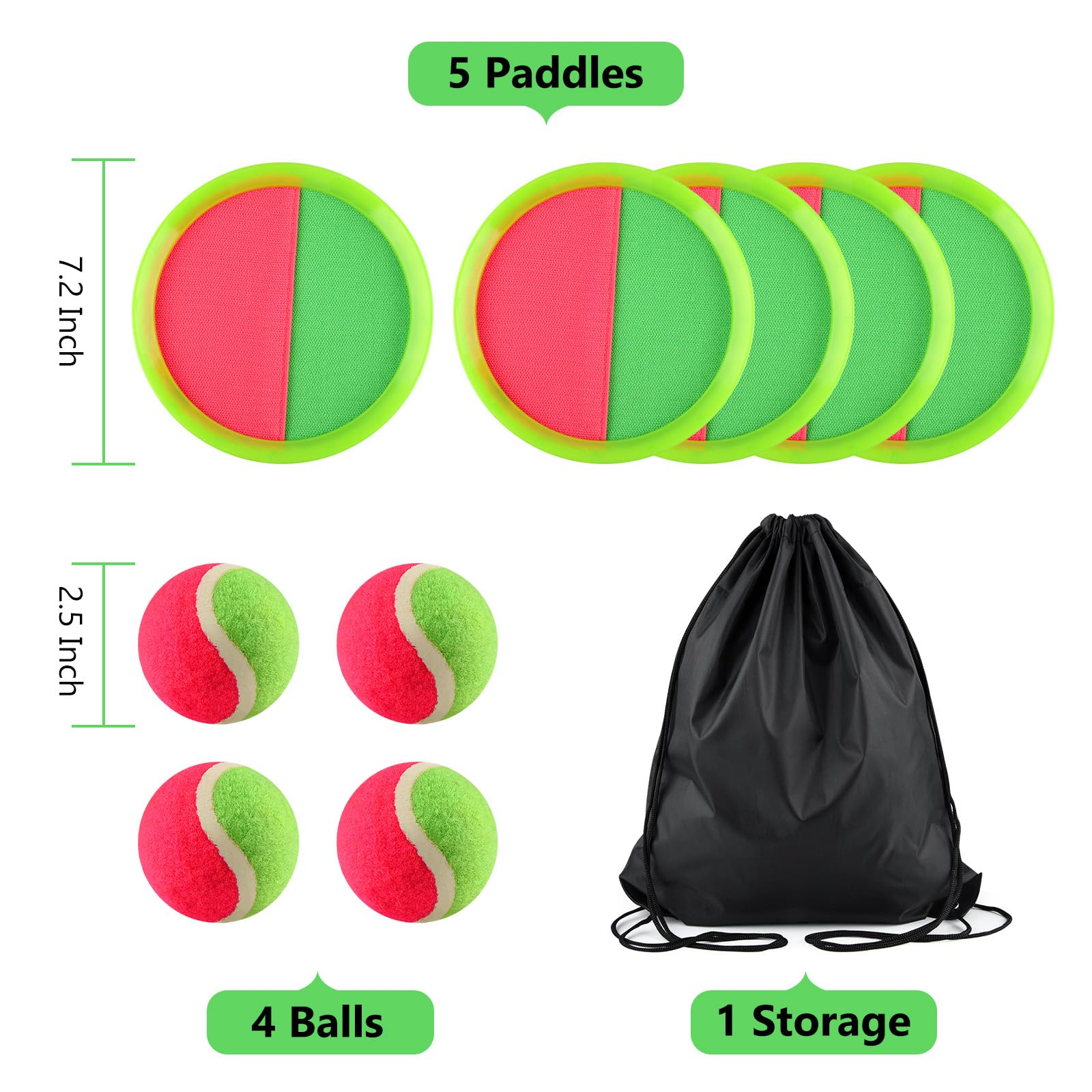 Bouiexye Toss and Catch Ball Game for Kids Adults Beach Outdoor Garden Yard Toys Set with 5 Paddles 4 Balls and 1 Storage Bag- Green - Image 2