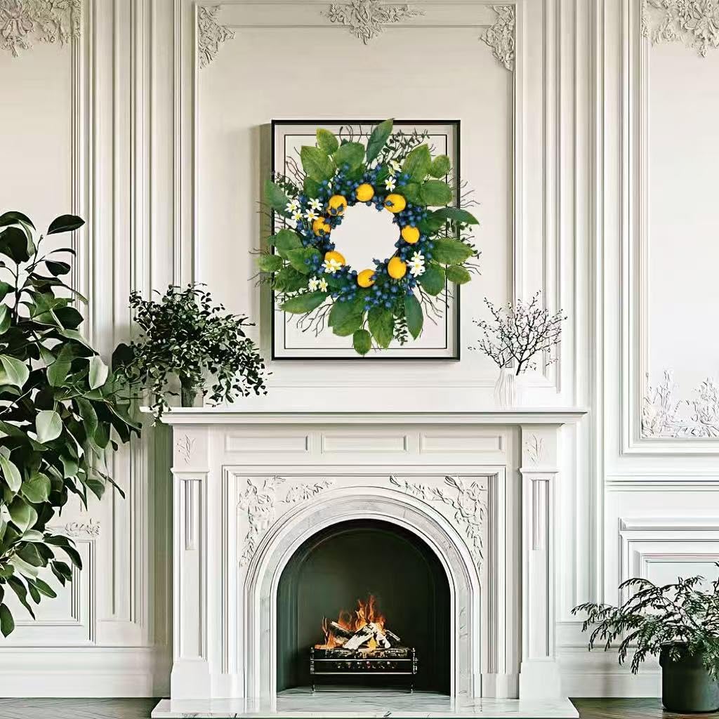 22in Lemon Wreath Blue Berry Green Leaf Front Door Porch Wall Decor