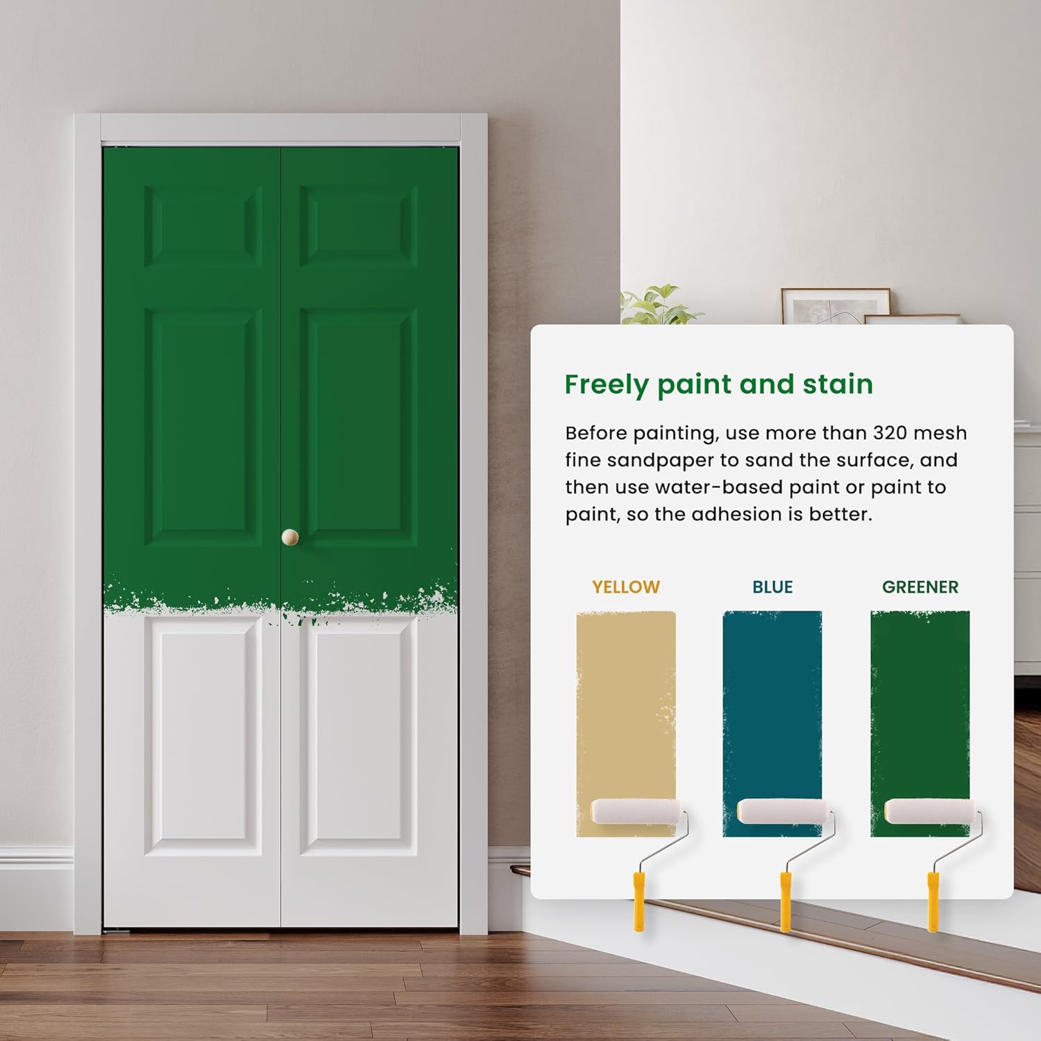 Image showing a bifold door being painted green, with swatches of different paint colors.