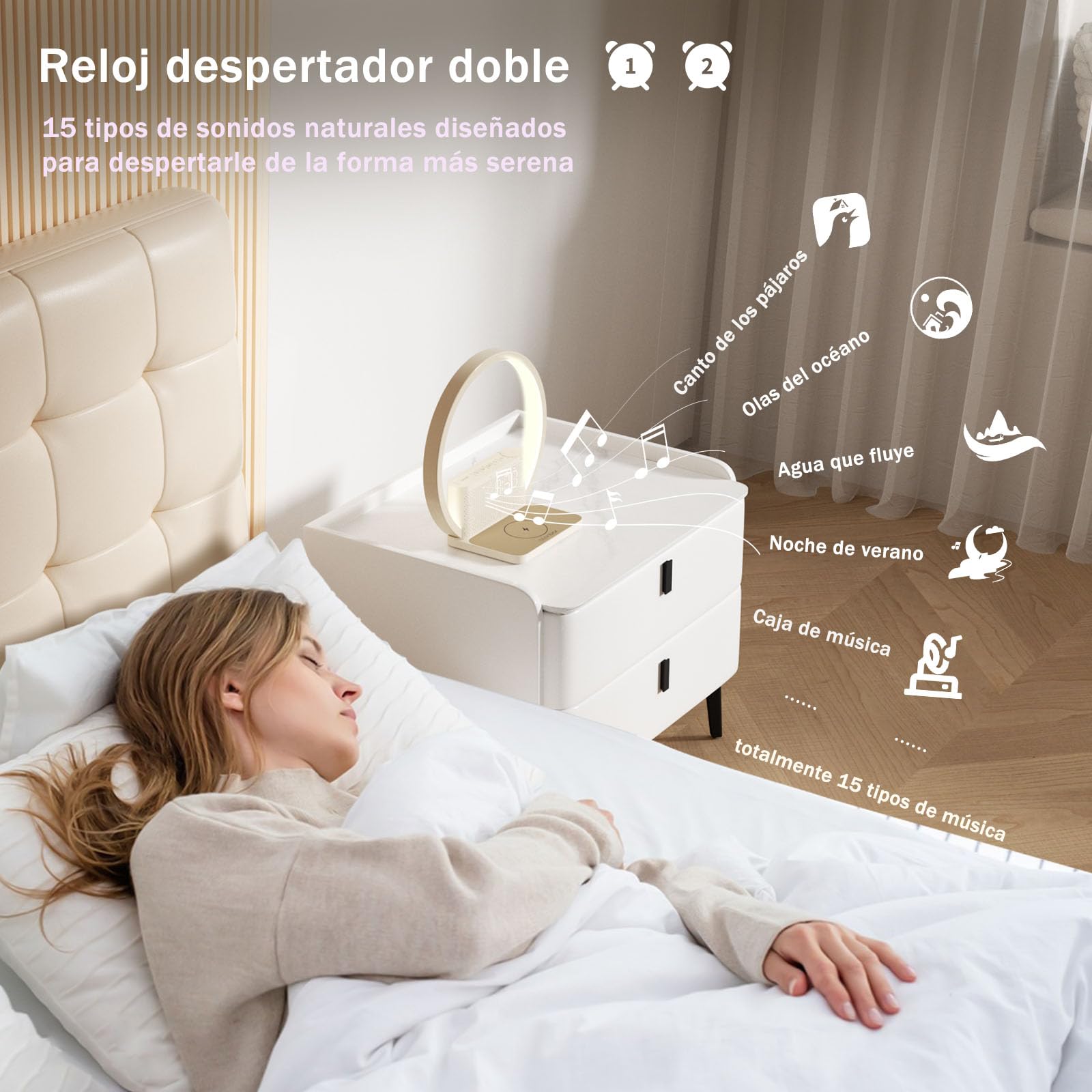 blonbar Lámpara de mesilla de noche con despertador iluminado, luz para despertarse, cargador inalámbrico de 10 vatios,3 niveles de brillo atenuación táctil, música, ayuda para dormir en el dormitorio