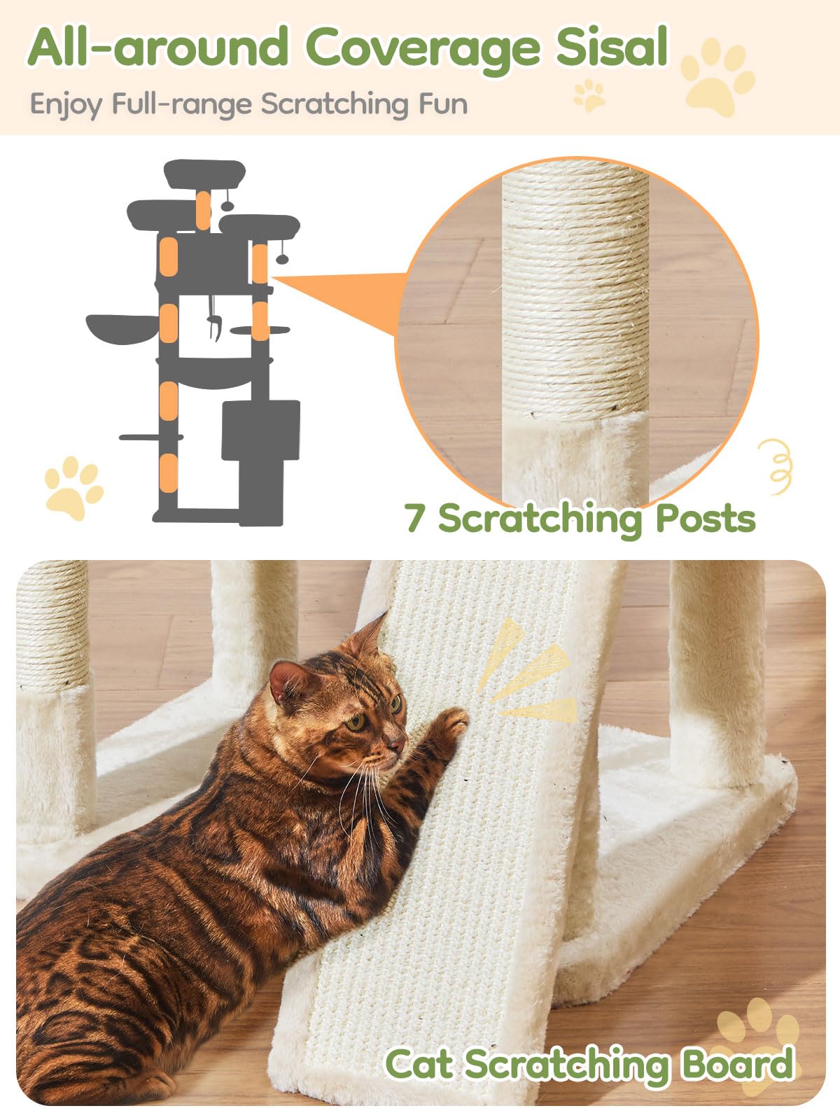 Taoqimiao Árbol Rascador 193 cm para Gatos Grandes, Árbol Rascador con Panel Rascador, Hamaca Metálica Extra Grande, 3 Plataformas, 7 Postes Sisal, 2 Cabañas Grandes y Cesta Colgante, MS047M Beige