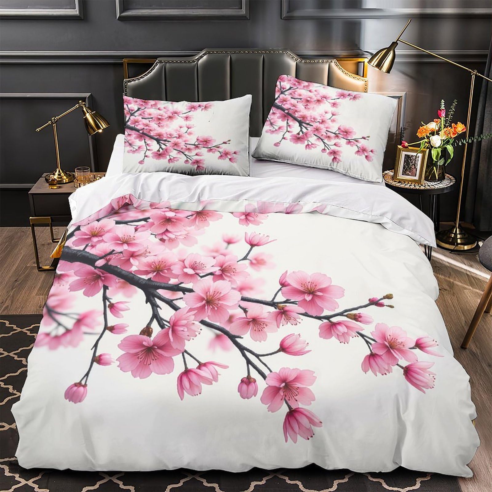 Housse de couette douce hypoallergénique fleurs de cerisier zippée 140x200