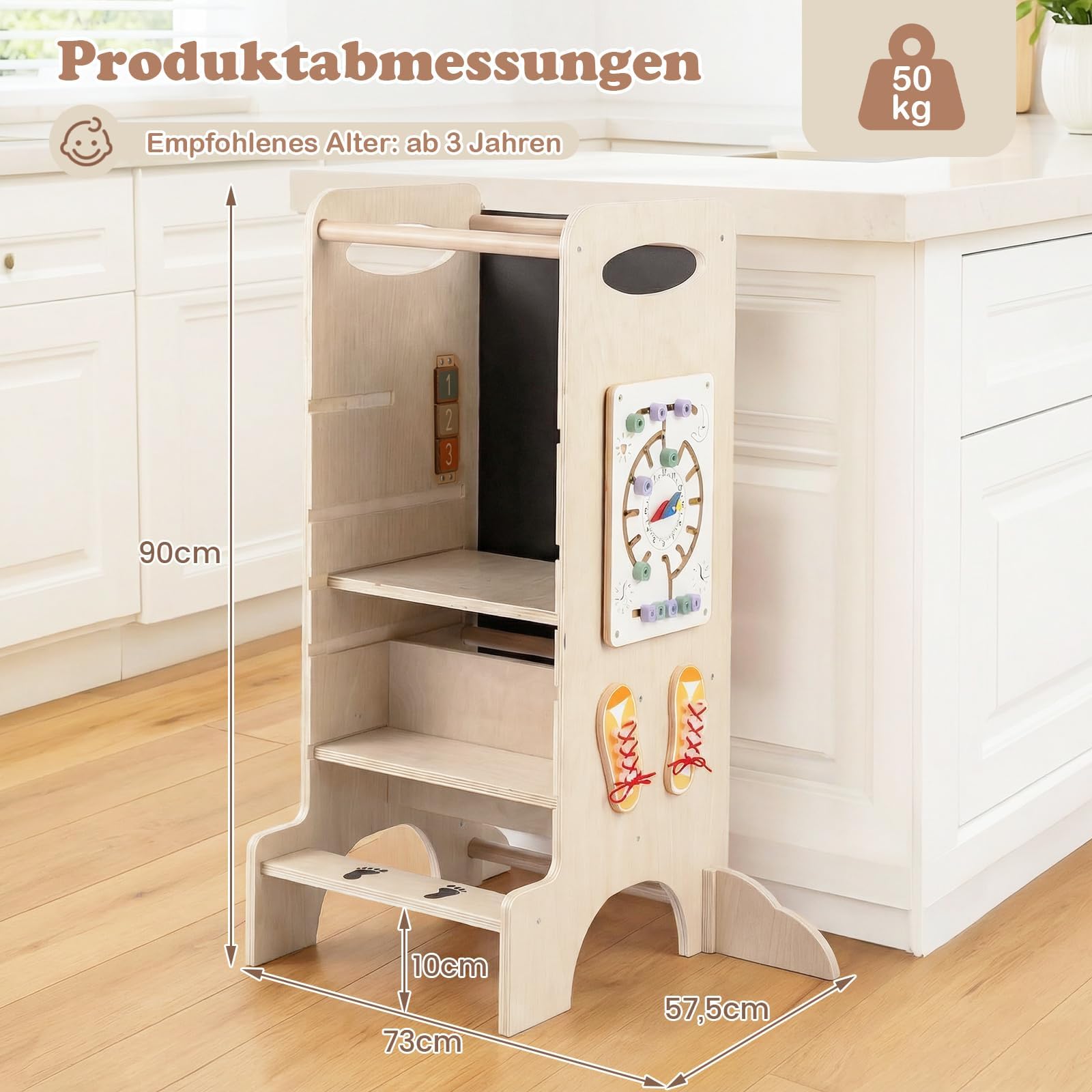 COSTWAY 4 in 1 Lernturm mit Spieltablett, Tritthocker Montessori mit 3 verstellbaren Höhen & Abnehmbarer Tafel, Trittleiter aus Buchenholz, Trittschemel für Kinder ab 3 Jahren