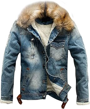 Omoone Men's Faux Fur Collar Sherpa Fleece Lined Distressed Denim Trucker Jacket