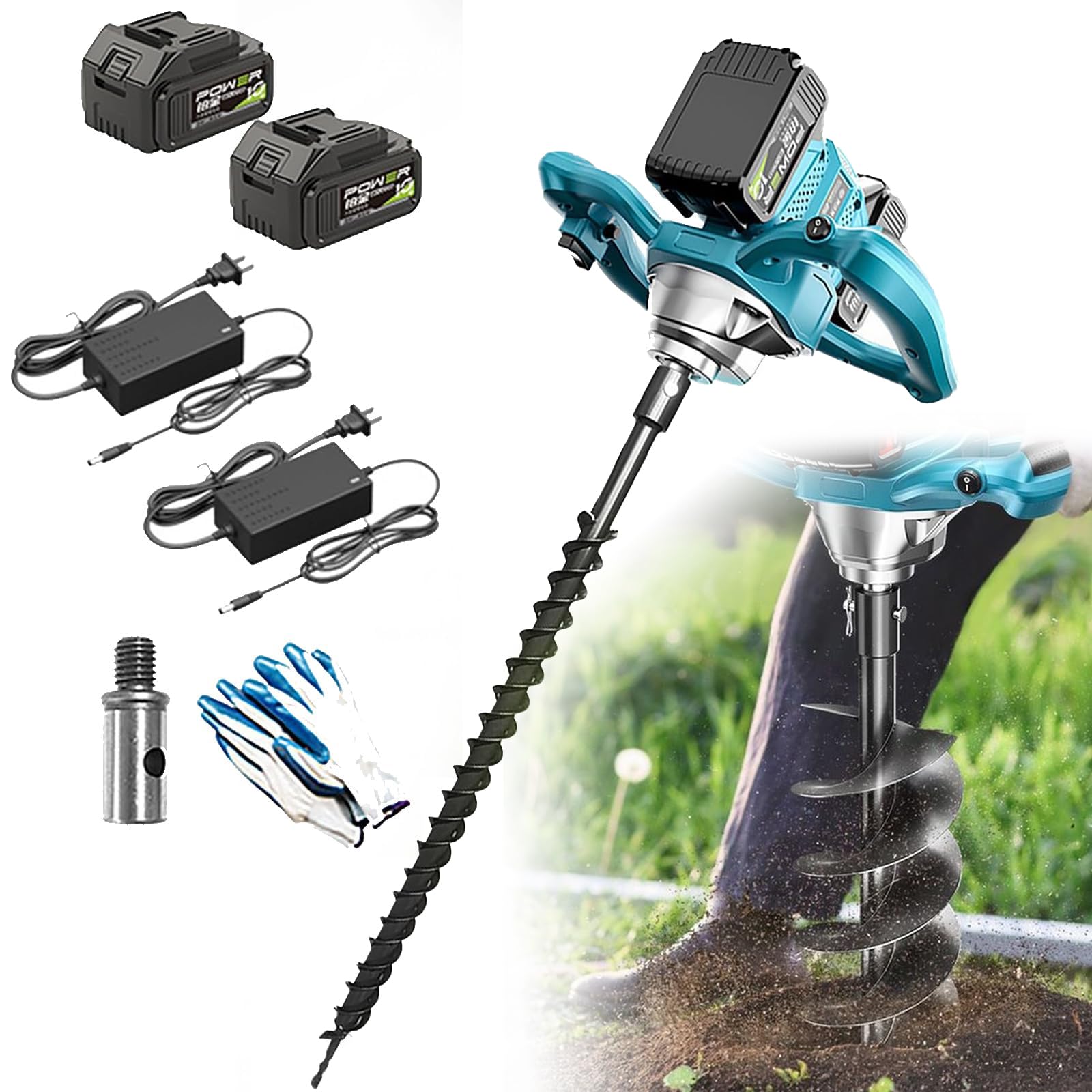 Eiwitany Cordless Earth Auger, Electric Post Hole Digger with Dual Batteries for Fence Building, Tree Planting and Landscaping (100mm)