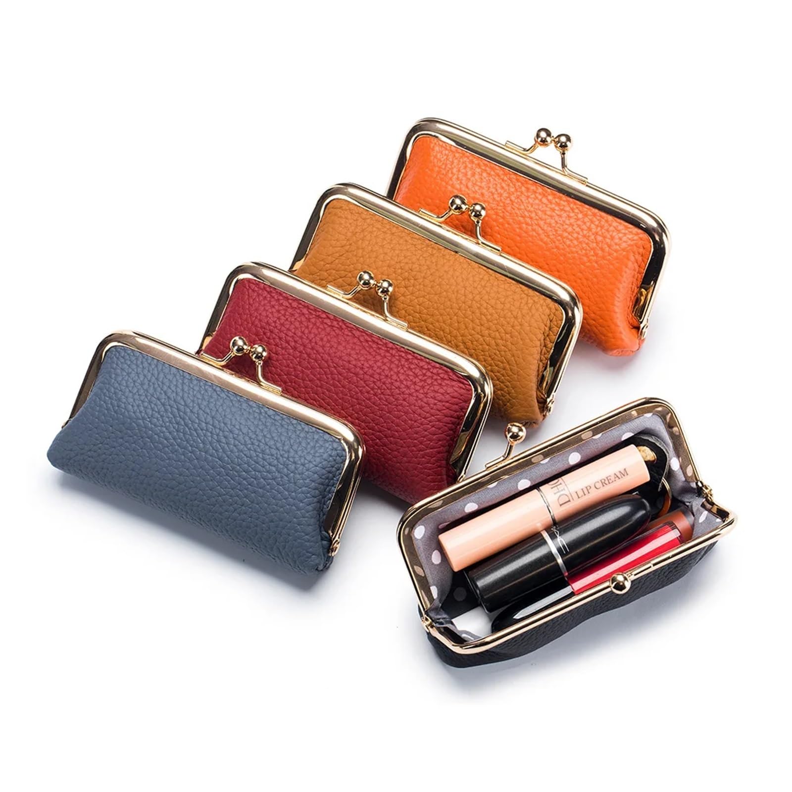 Mini Monedero con Clip de Bloqueo, Bolso de Almacenamiento portátil de Mano for niñas, Bolso Simple de Cuero Genuino de Color sólido for Llaves