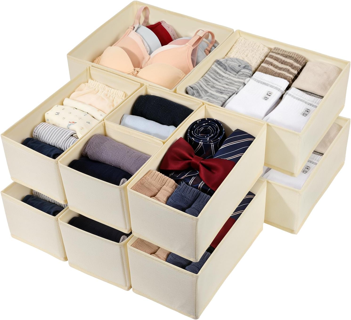 12Pc Foldable Fabric Drawer Organizer, Closet Dividers for Clothes, Socks, Beige
