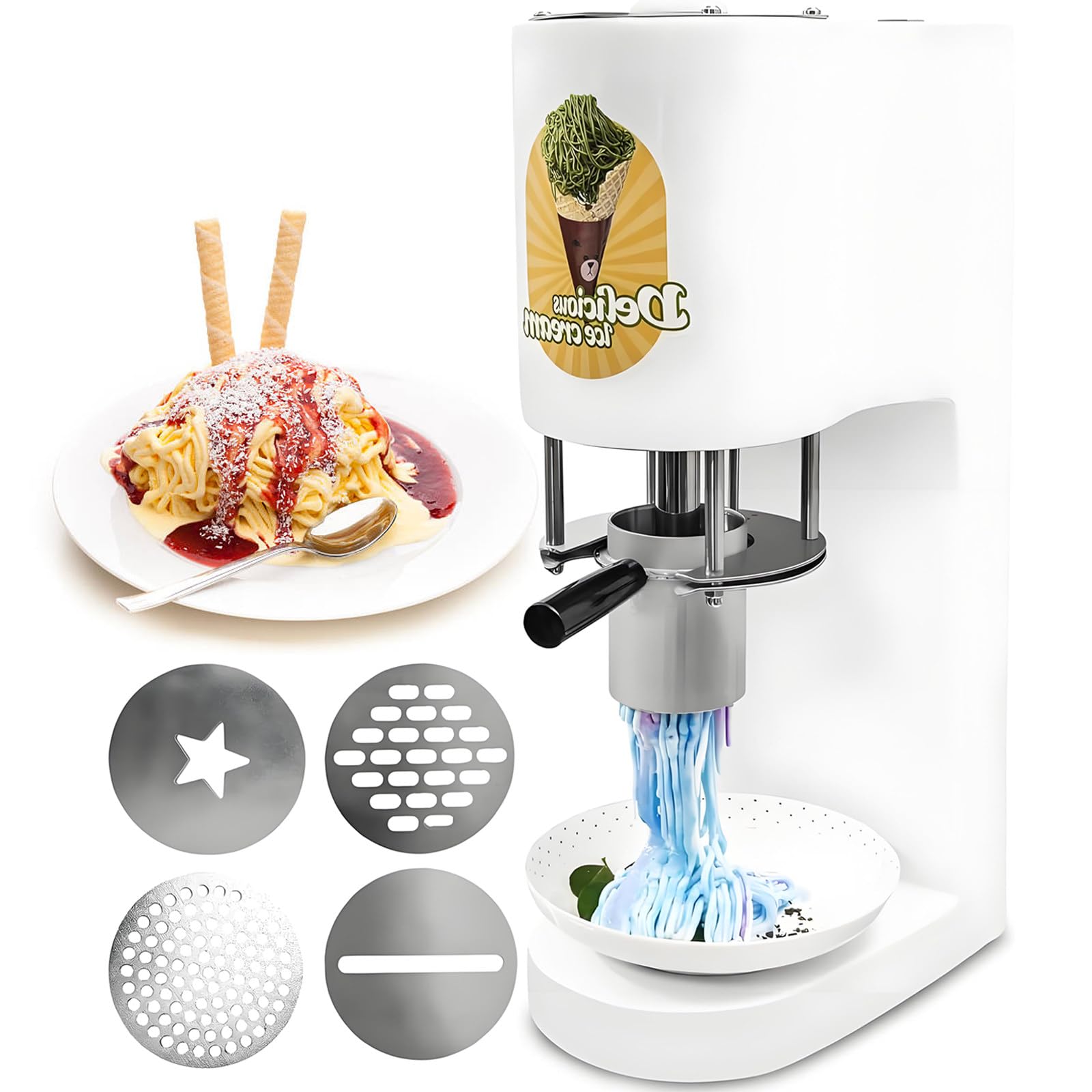 MáQuina para Helado De Espagueti, con 4 Formas Decorativas, Tolva De 420 Ml, Encendido con Un Solo Toque, Ideal para Banquetes, Fiestas y Servicios De Catering White