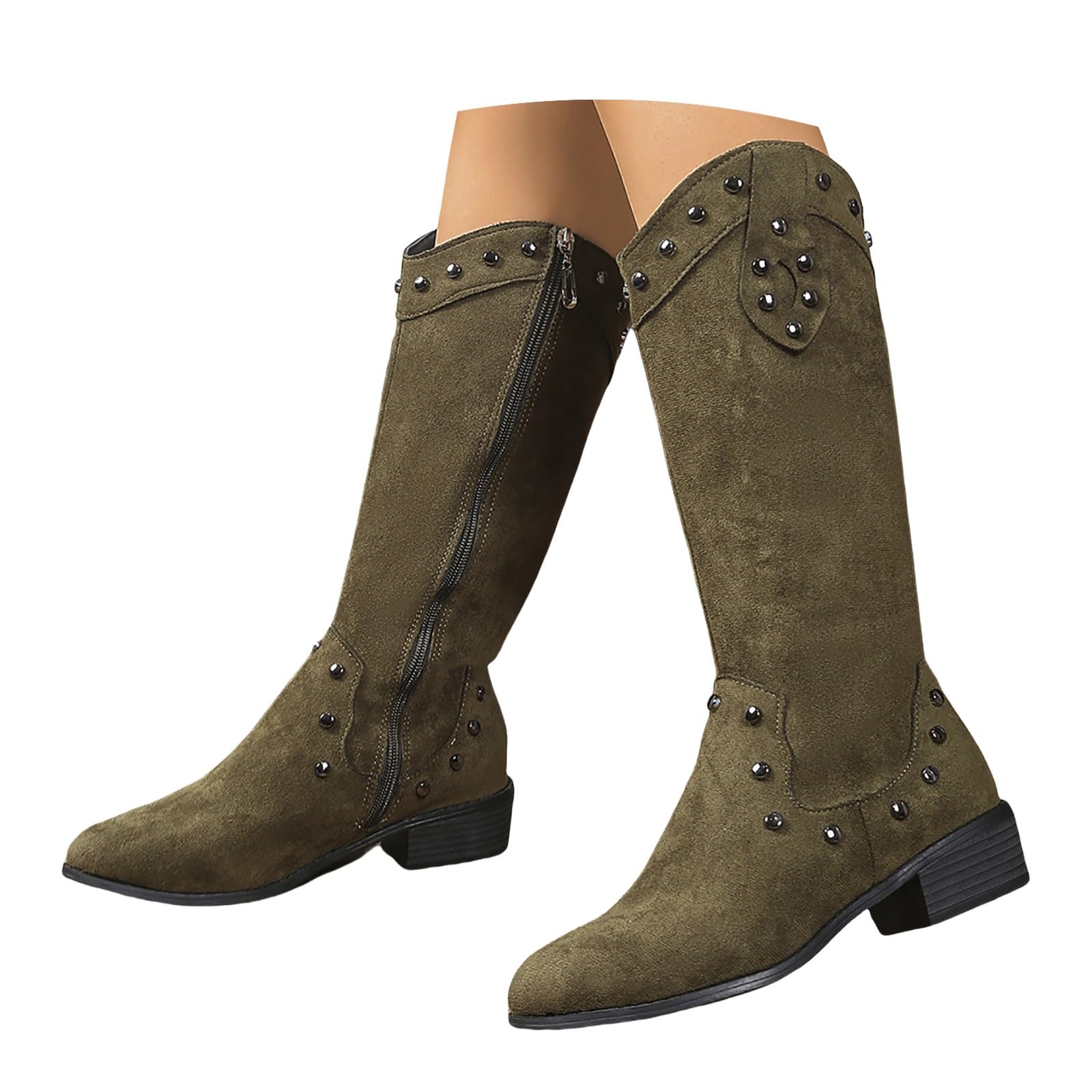 Generisch Botines para mujer, elegantes, antideslizantes, de media caña ancha, tacón de bloque, botas occidentales, tacón, botas de invierno, botas de mujer, botas de media altura