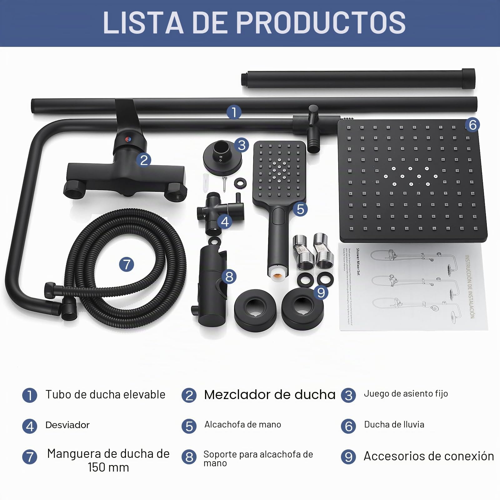 Columna Ducha con Grifo Negro, Altura Regulable 110-145cm, Conjunto Completo con Grifo Monomando, Sistema de Lluvia Cuadrada 21x21cm, Ducha de Mano de 3 Modos, Manguera 1.5 m