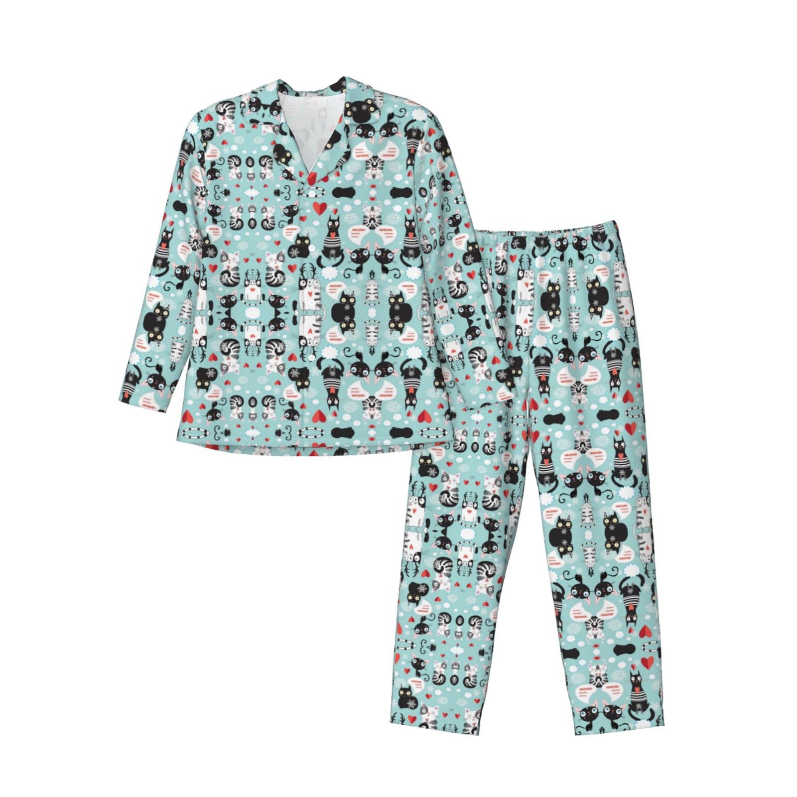 Aseelo Men's Black And White Cats Long-Sleeved Pajama Set Long Sleeve Top And Bottoms Pyjamas Comfortable And Breathable Nightwear Pjs L