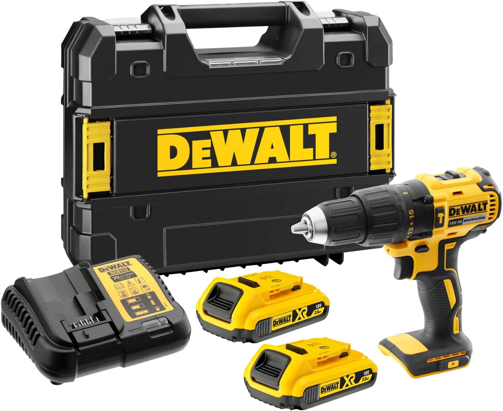 XR 18V Brushless Combi Drill Driver, Compact Cordless Hammer Drill with 2 x 2Ah XR Li-Ion Batteries, Charger, Kitbox, High Torque, LED Light, Versatile Performance - DCD778D2T-QW
