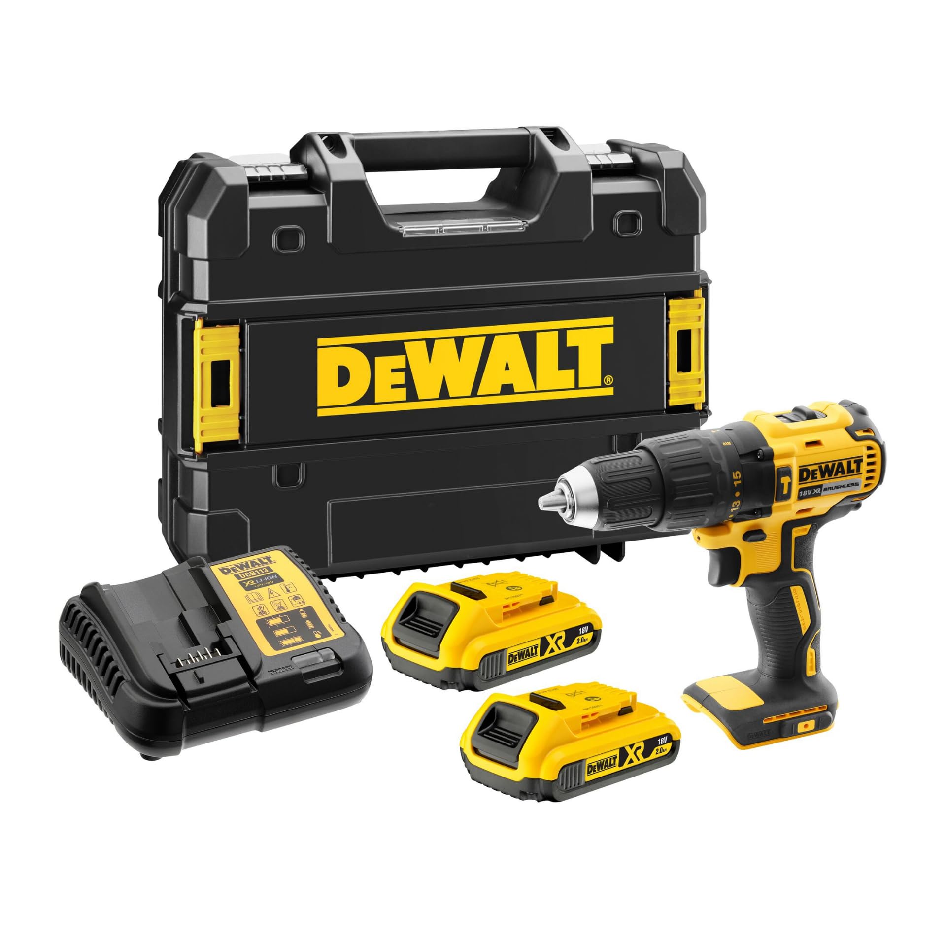 DEWALT XR 18V Brushless Combi Drill Driver, Compact Cordless Hammer Drill with 2 x 2Ah XR Li-Ion Batteries, Charger, Kitbox, High Torque, LED Light, Versatile Performance - DCD778D2T-QW