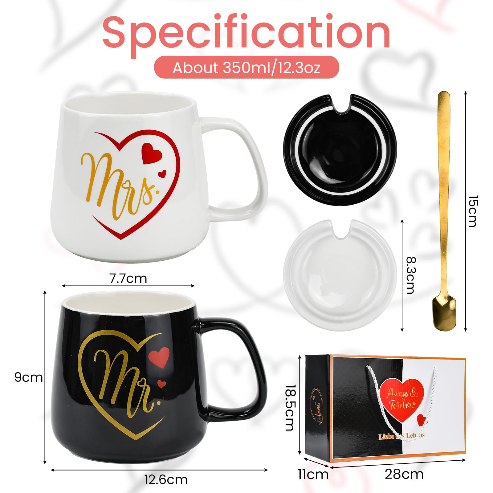 Set 2 Tazze Mr E Mrs Con Coperchio - 350ML Ceramica Per Coppie, Regalo Matrimonio - Foto 12