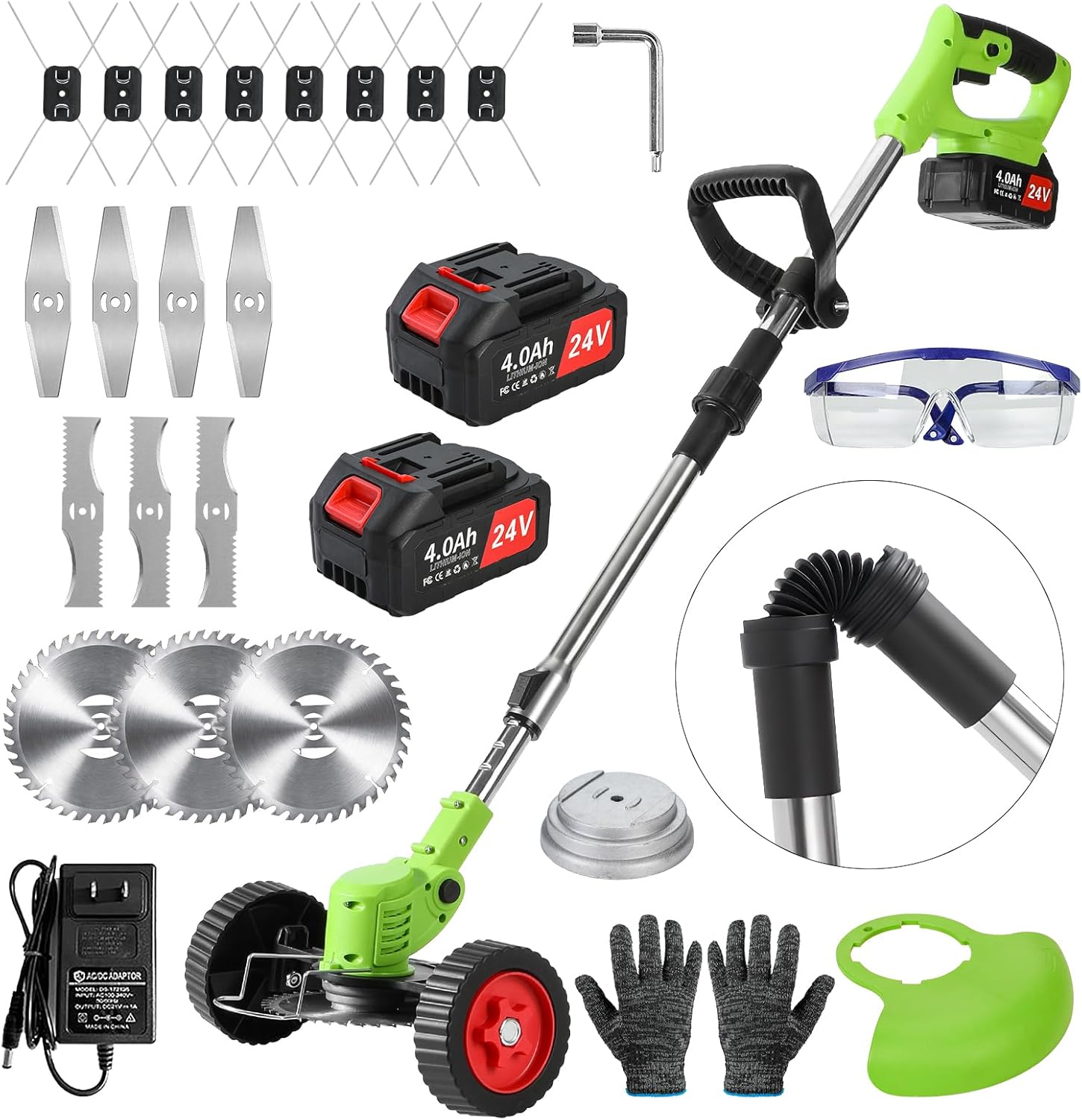 Electric Weed Wacker Cordless,24v Battery Powered Weed Eater，with Blade & 2 4.0 Ah Batteries & Charger, 3 in 1 Women Lightweight Grass Trimmer， Brush Cutters for Gardens, Yards, and Patios (Green)
