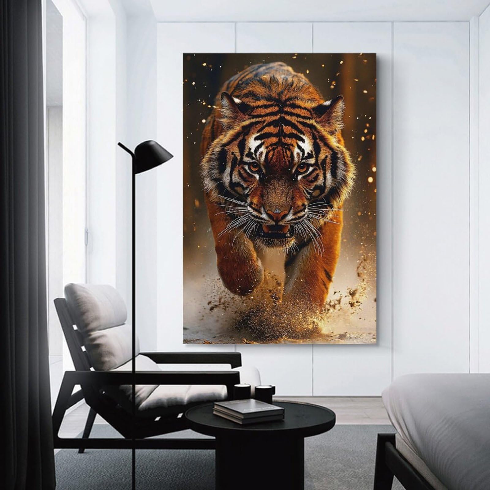 Junmoney Unframe-Style-4 Tiger Charging Forward Canvas Wall Decor 24X36inch(60X90cm), For Study, Office Or Focused Interiors, Wall Art That Adds Style To Work Areas