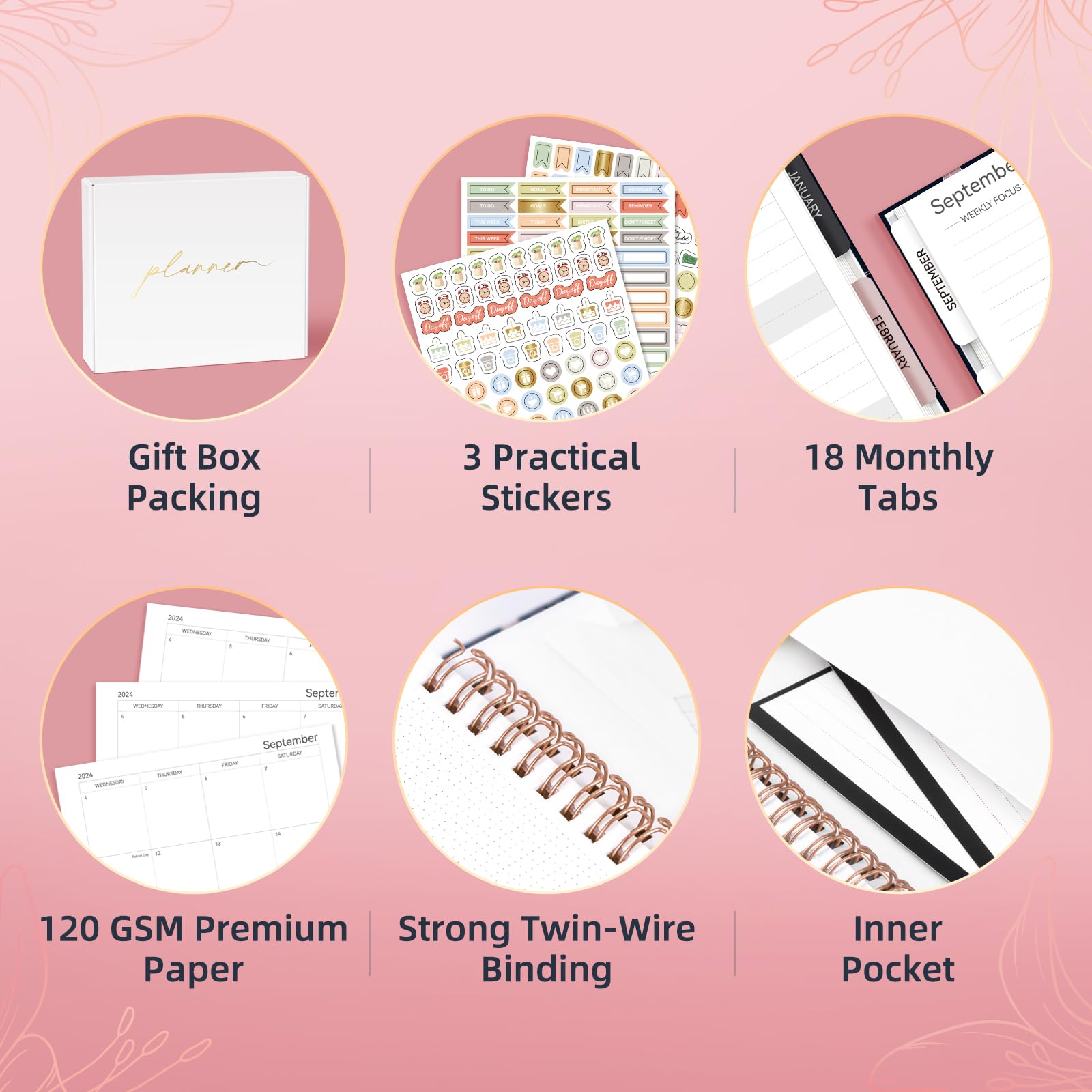 Hardcover Planner 2024-2025 Daily Weekly and Monthly Planner Spiral Bound 8"Ã—10", Jan.2024â€“Jun.2025, Calendar Book 2024 Day Planner with Stickers, Gift Box & 18 Month Dividers, Night Lily