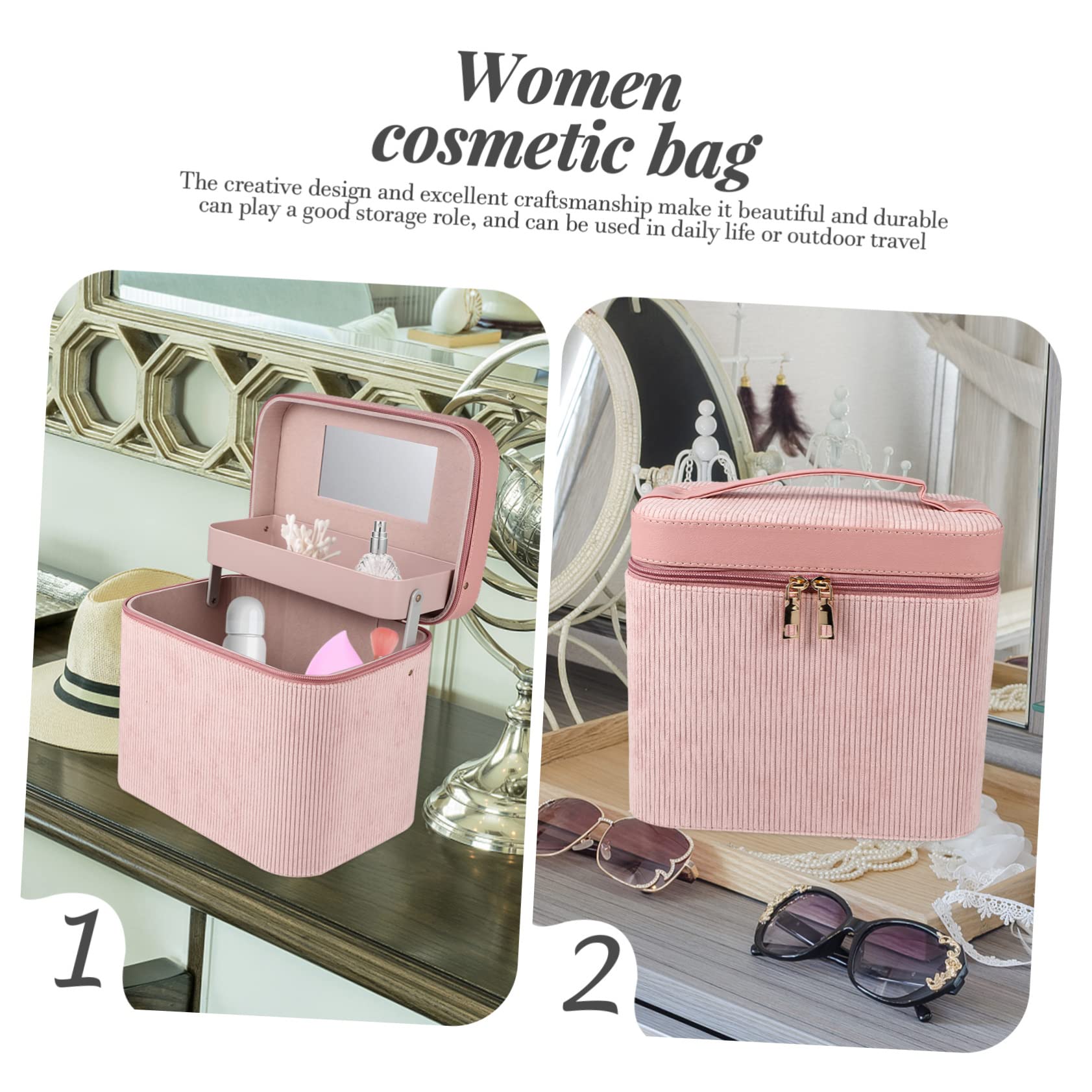 Borsa per Cosmetici in Sintetica Portatile e Doppio Strato con Specchio per Viaggio e Toeletta Contiene Beni di Bellezza e Accessori