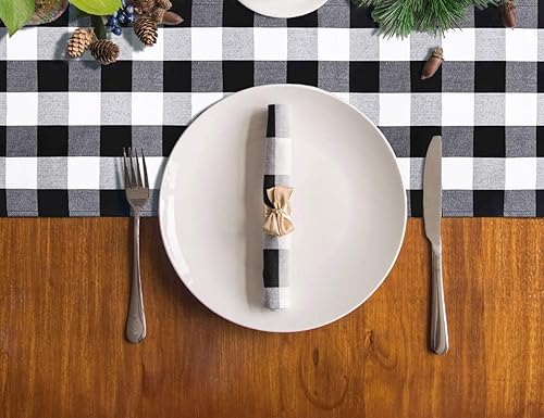 Miniatura 2 de DUOBAO Camino de mesa a cuadros de búfalo de 14 x 108 pulgadas en blanco y negro a cuadros, caminos de mesa con borlas de lino, decoración navideña,