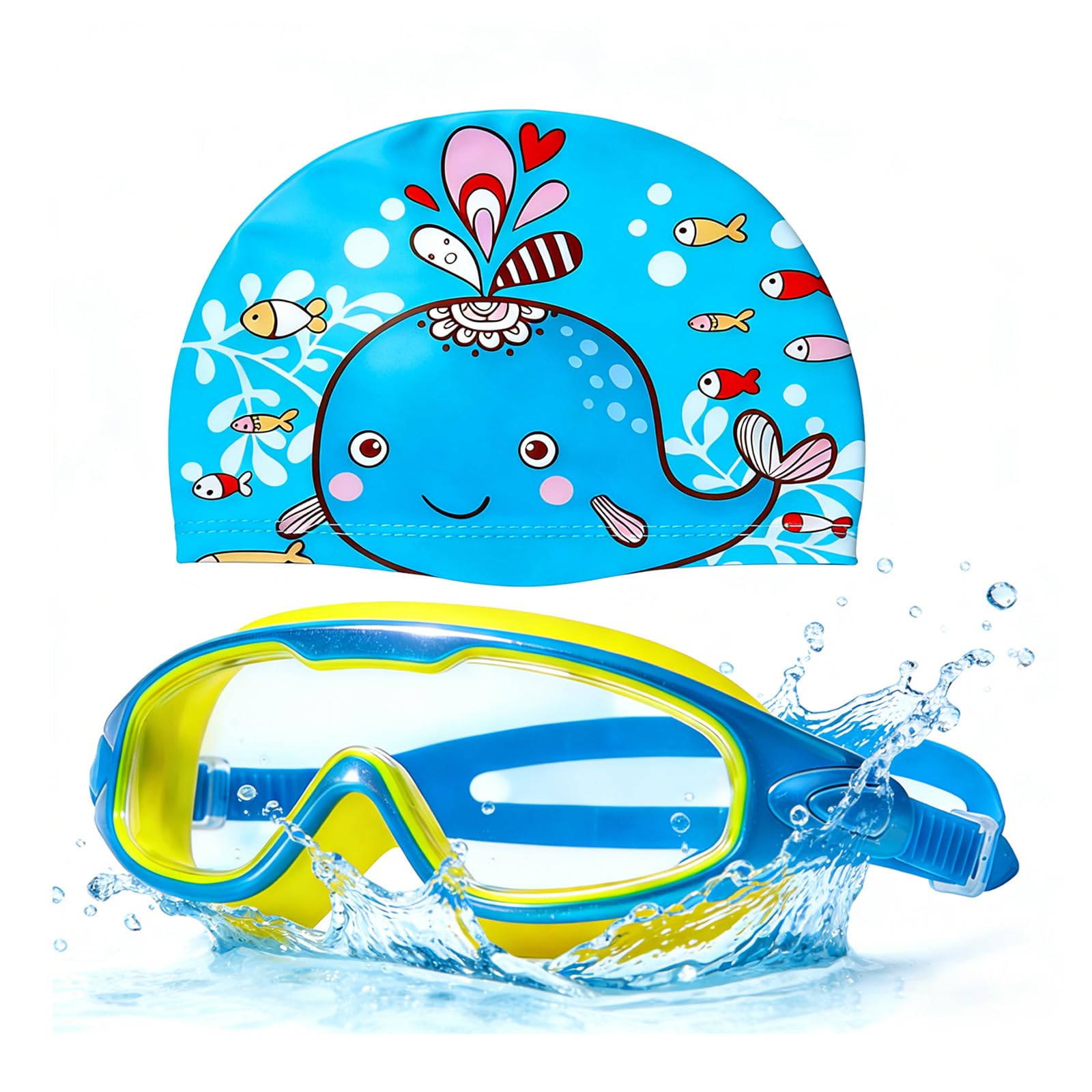 MAUDFEK Swimming Goggles, Swimming Goggles with Dolphin Swim Cap, Splashy Eyes Protection, Pool and Beach Activities
