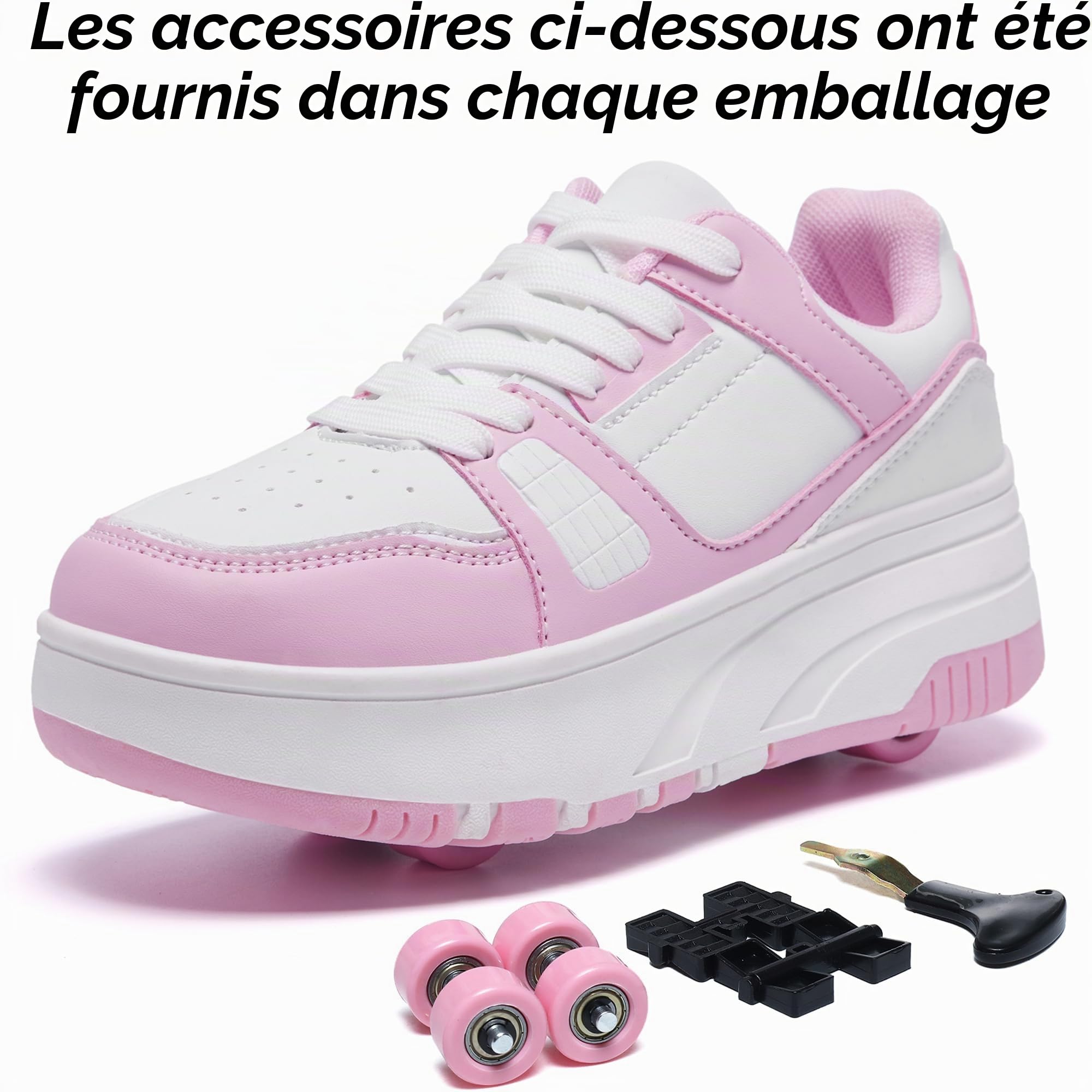 chaussure à roulette confortables pour garçons et filles, patins à roulettes, chaussures de sport d'extérieur amovibles 4 roues, rose blanc 1135, 34 EU