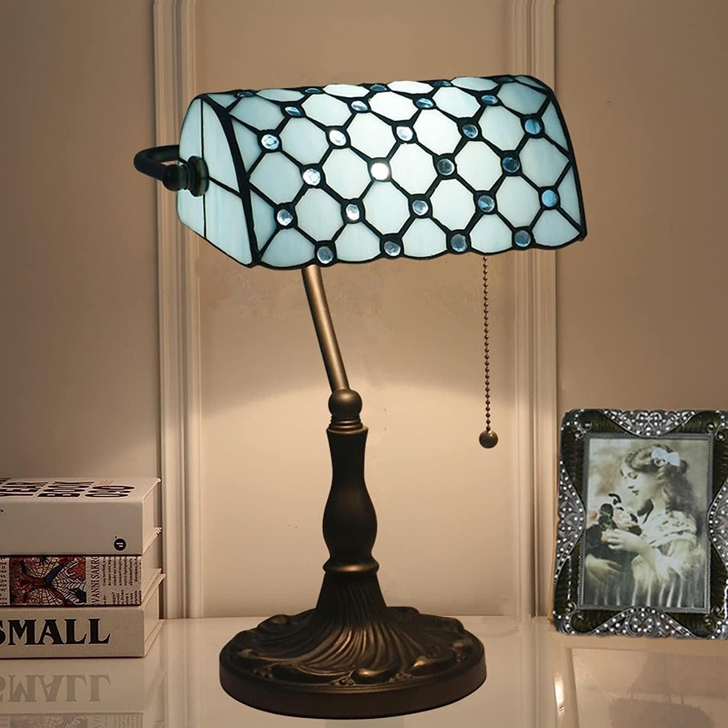 Bankiers Tischlampe, farbige Glaslampe, Kristallperlenschreibtischlampe, Schlafzimmer in der Nacht Leselampe (Meeresblau -Glasperlen Schatten) Innovate