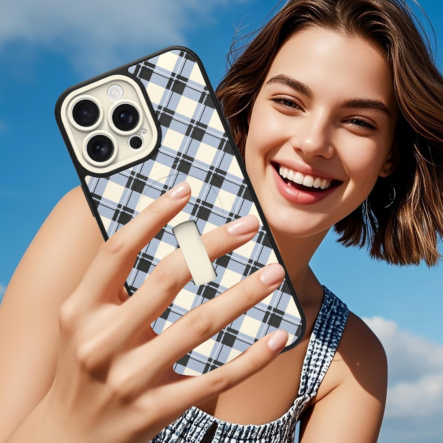 MOWIME Magnetic for iPhone 16 Pro Case with Finger Strap Kickstand, Compatible with Magsafe, Cute Checkered Checkerboard Plaid Phone Case for Women Men Full Camera Protection Cover, White