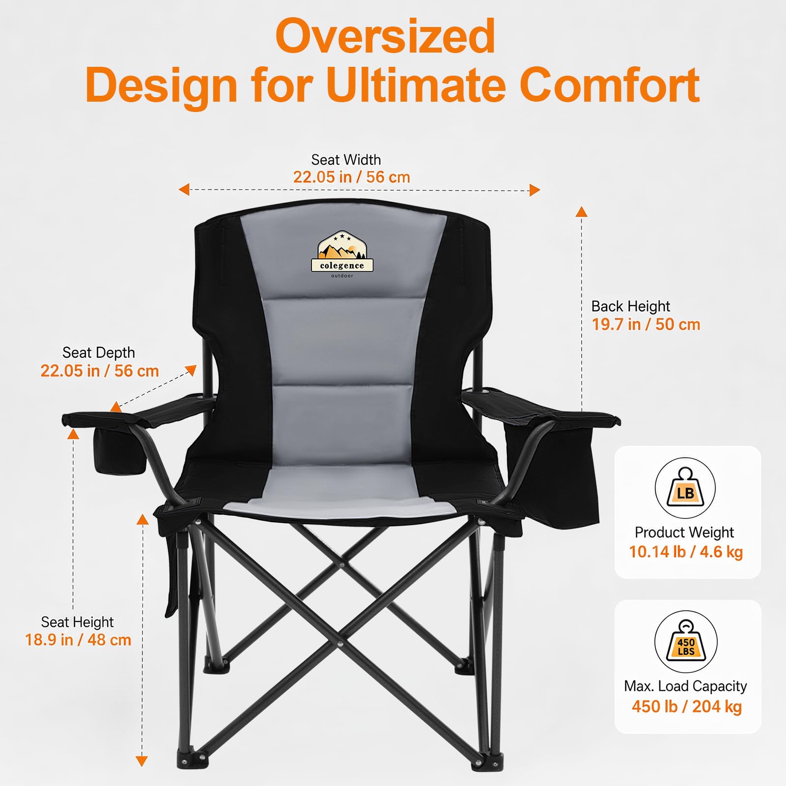 Sillas plegables de gran tamaño para acampar – Silla de campamento resistente de 450 libras con cojín acolchado, juego de 2 sillas exteriores portátiles con bolsa de transporte, enfriador, portavasos