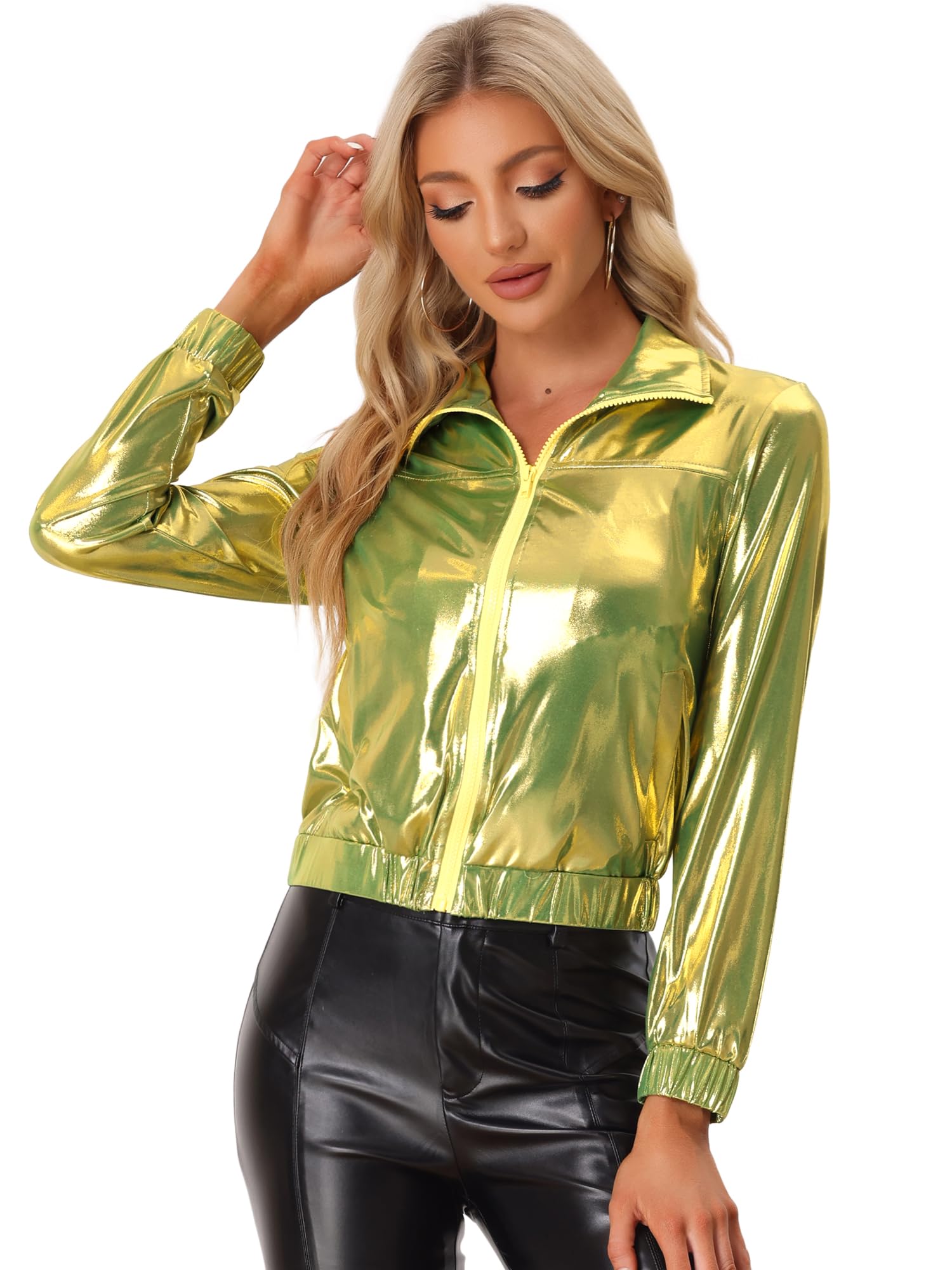 Allegra K Women's Metallic Jacket Holographic Shiny Long Sleeve