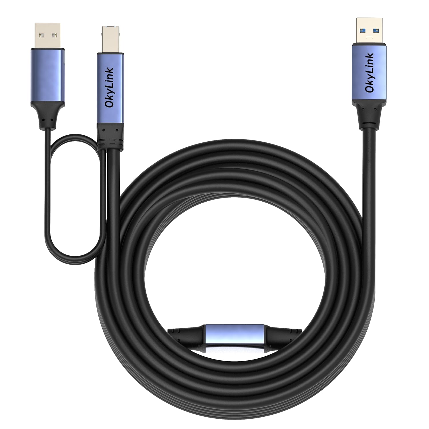OkyLink 65ft(20M) Active USB 3.0/3.2 Gen 1 Repeater Cable A Male to B Male with Optional Power 5Gbps for Professional Printing, Scanning