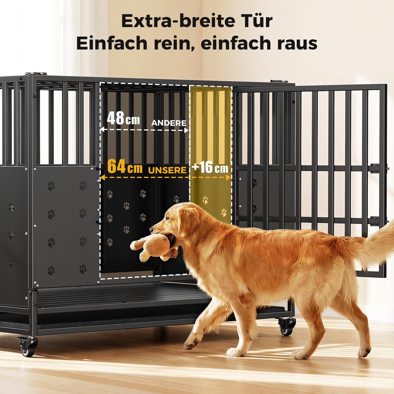 121 x 78 x 93 cm Hundekäfig hochbelastbar für große Hunde, Bissfeste Paneele, Einstellbare Innenhöhe, Hundekäfig mit 4 Arretierbare Rollen, Verbreiterter Komfortboden, Extra Breite Tür, Haustierkäfig