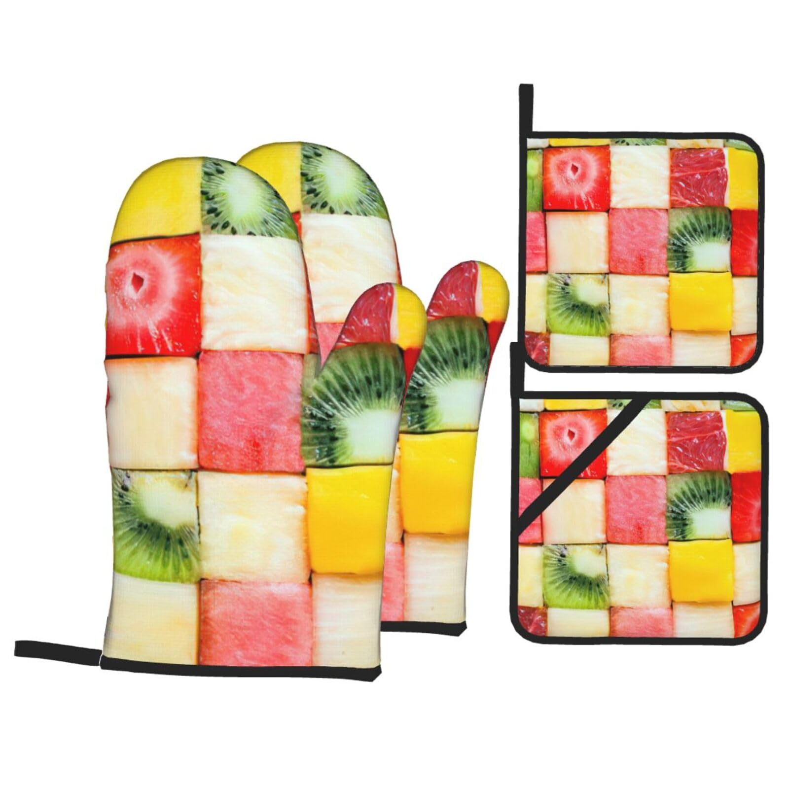 Kiwi Watermelon Print 4-Piece Oven Microwaving Set Waterproof Kitchen Gloves for Baking Grilling Cooking