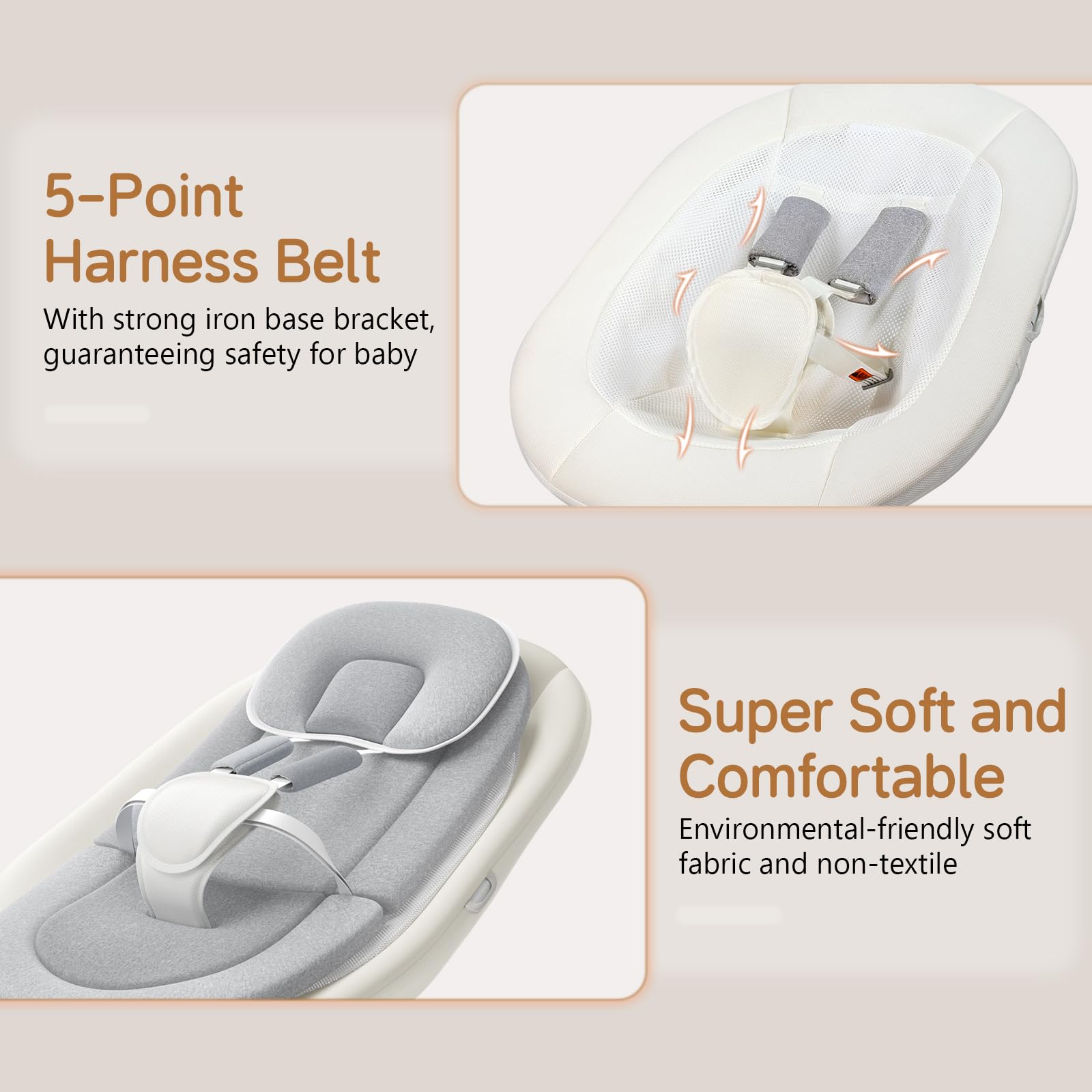 Baby Bouncer, Portable Electric Baby Swing with Bluetooth, 5 Swing Speed, 10 Lullabies, 5-Point Harness, Remote Control & Touch Panel - Bouncer from Birth for Indoor & Outdoor Use (Wood Grain) — view 6