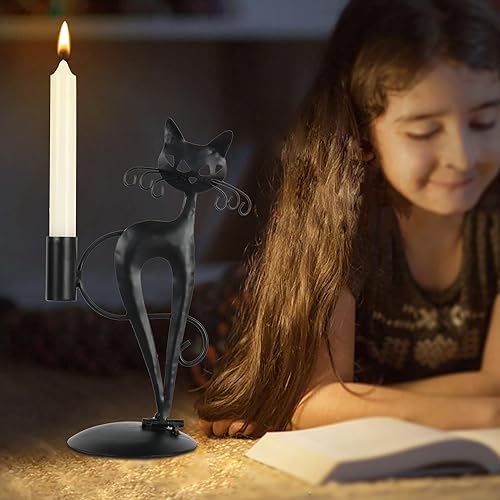 Miniatura 5 de Candelabro cónico de gato negro para velas LED sin llama, candelabro retro rústico de metal para decoración de gato para centro de mesa, mesa de