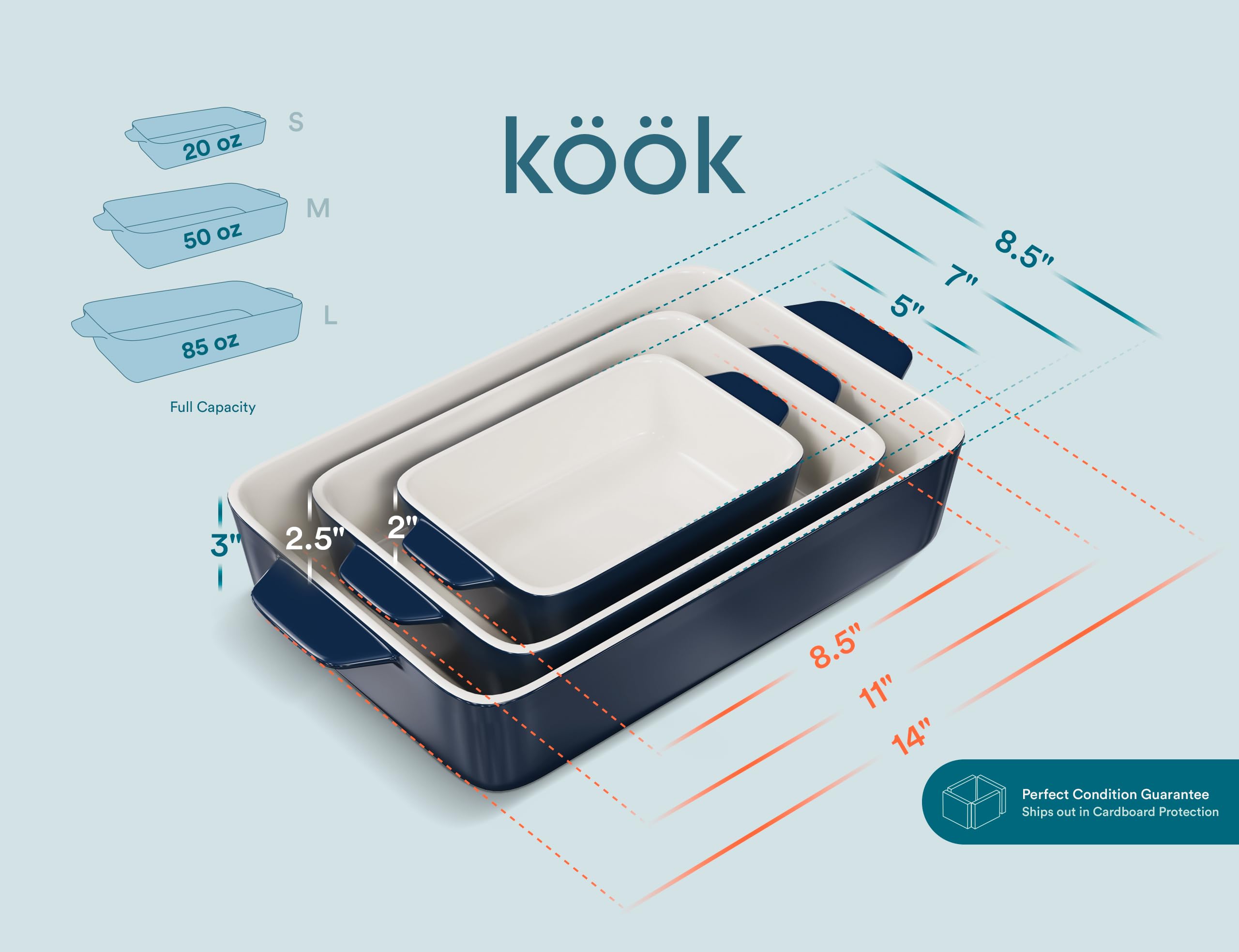 Kook Ceramiczny zestaw naczyń do pieczenia, prostokątne naczynia do pieczenia, do zapiekanek, lasagne, ciasto, małe, średnie i duże patelnie, nadaje się do kuchenki mikrofalowej i zmywarki, zestaw 3 sztuk (granatowy)
