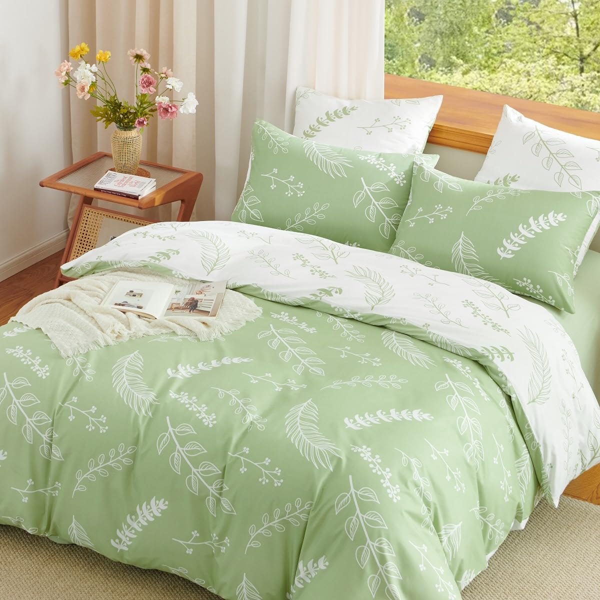 Lanqinglv Duvet Cover Set King Size Green Whit Leaf Patterned,Botanical Sytle Reversible Bedding Set Single Bed,Duvet Cover King with Zipper Closure and 2 Pillowcase