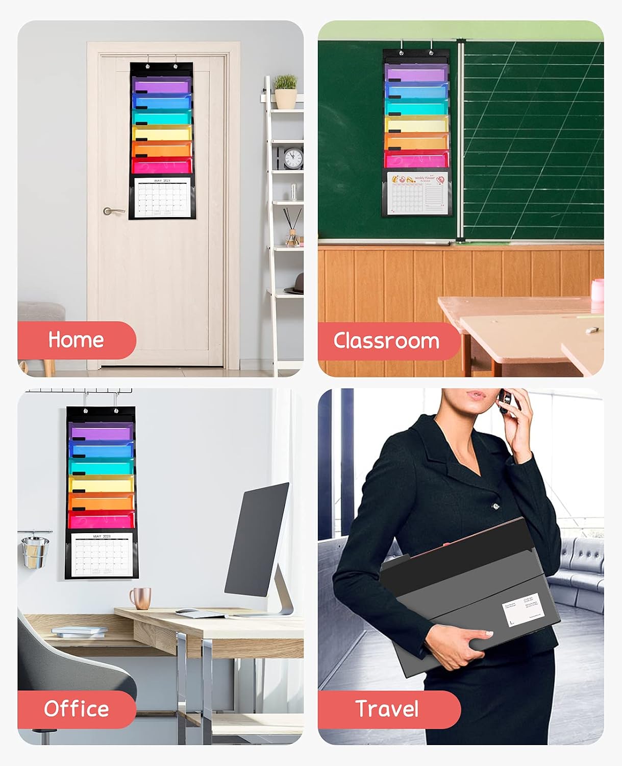 GAMENOTE Cascading Wall Organizer - 6 Removable Folder Pockets, 2 Metal Hooks, Hanging File Organizer for Office School Homeschool Organizers and Storage