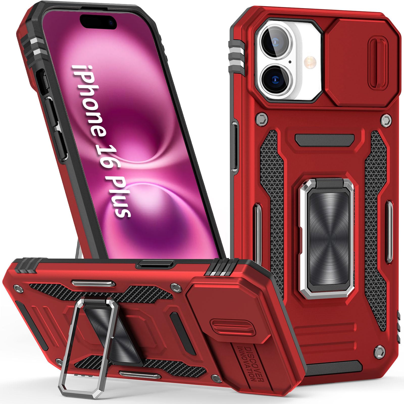 SEFING Phone Case for iPhone 16 Plus Case 16 Plus Phone Case with Slide Camera Cover, with Finger Ring Holder Stand, fit Magnet Car Mount, for iPhone