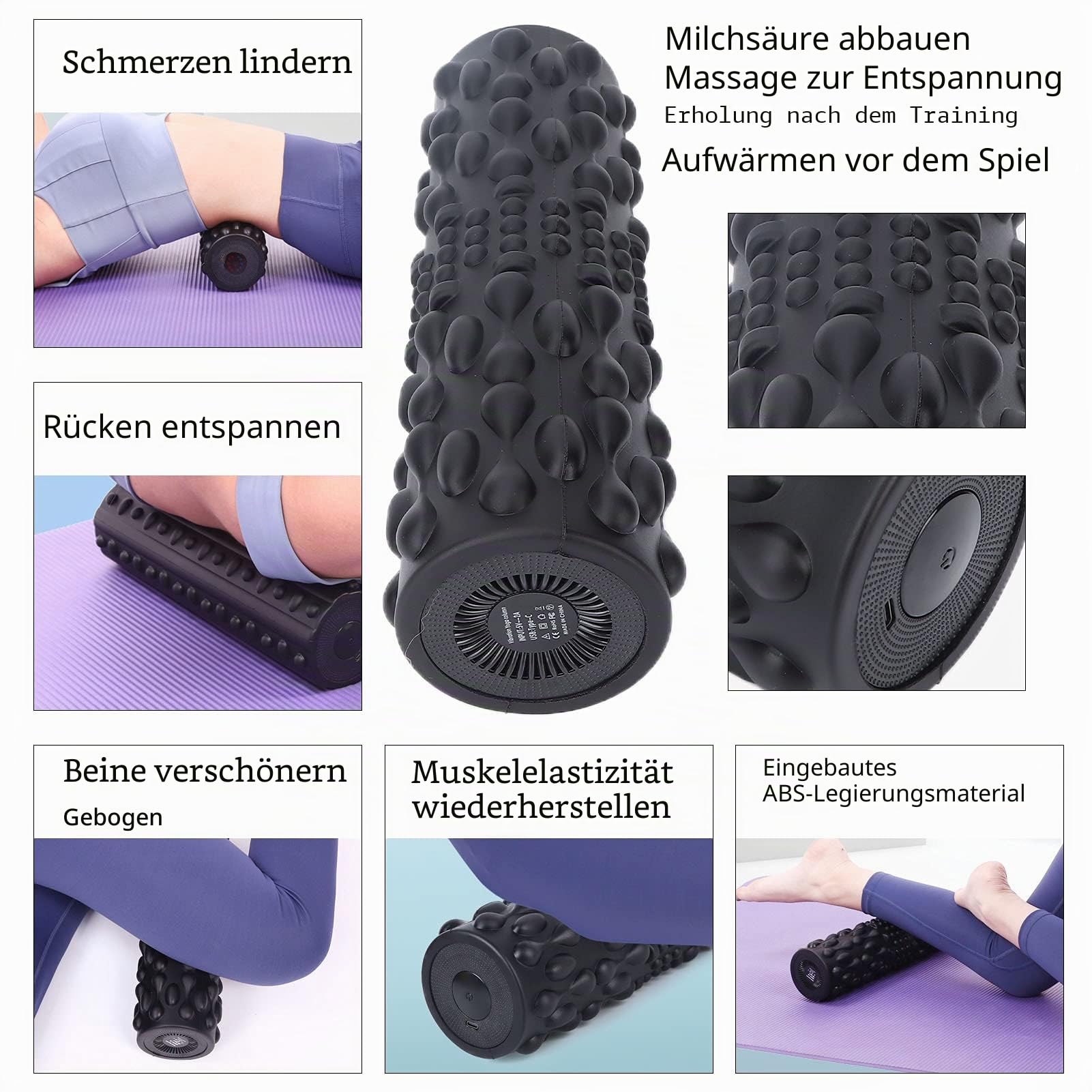 Professionelle Elektrische Fitnesswalze mit 5-Gang-Schwingung und Lithiumbatterie mit Hoher Dichte, Schwarze Elektrische Yoga-Roller Zur Muskelentspannung