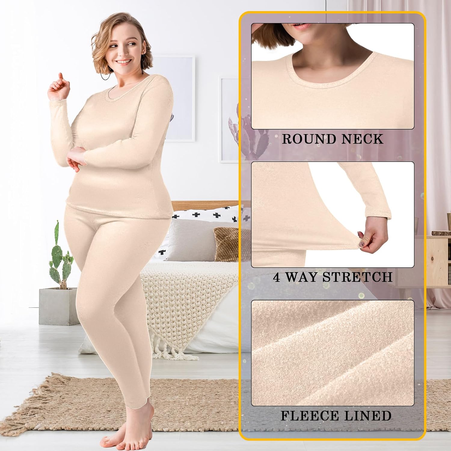 Patelai 2 Sets Plus Size Long Thermal Underwear for Women Fleece Lined Base Layer Pajama Top and Bottom Cold Weather(26 Plus,Black, Skin Color)