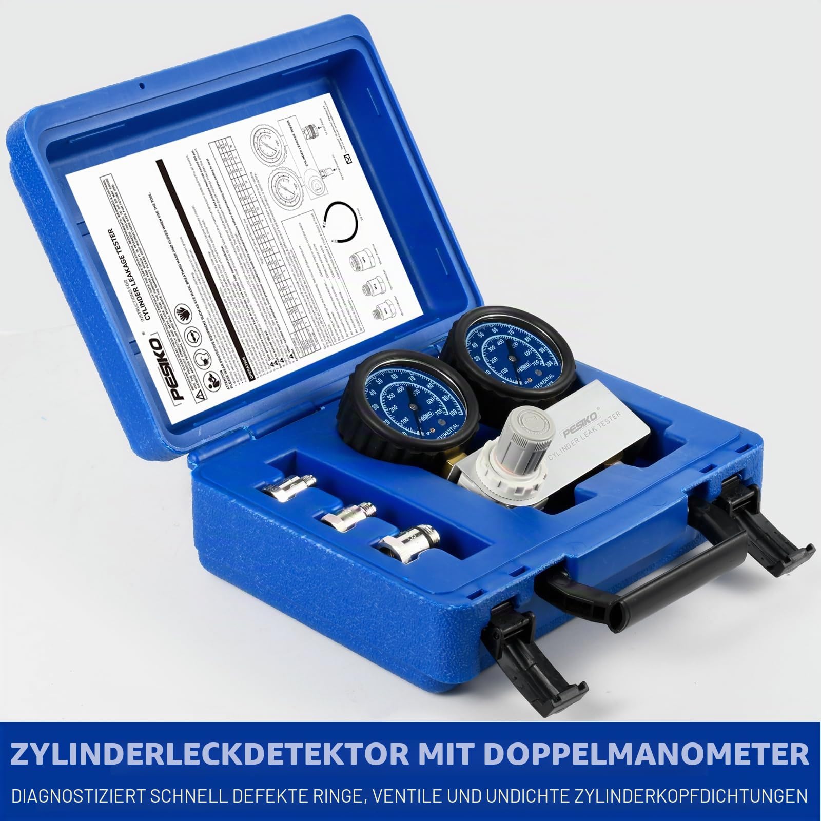 Druckverlustprüfer KFZ mit Doppel-Manometer (0-100 PSI/700 kPa), Prüfset für Zylinderdichtigkeit an Benzinmotoren, inkl. Adapter für 10-18 mm Zündkerzen