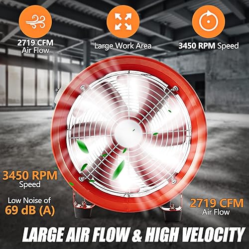 Miniatura 6 de Ventilador a prueba de explosiones de 12 pulgadas, ventilador a prueba de explosiones 550W, 2719 CFM ventilador de alta velocidad con manguera de